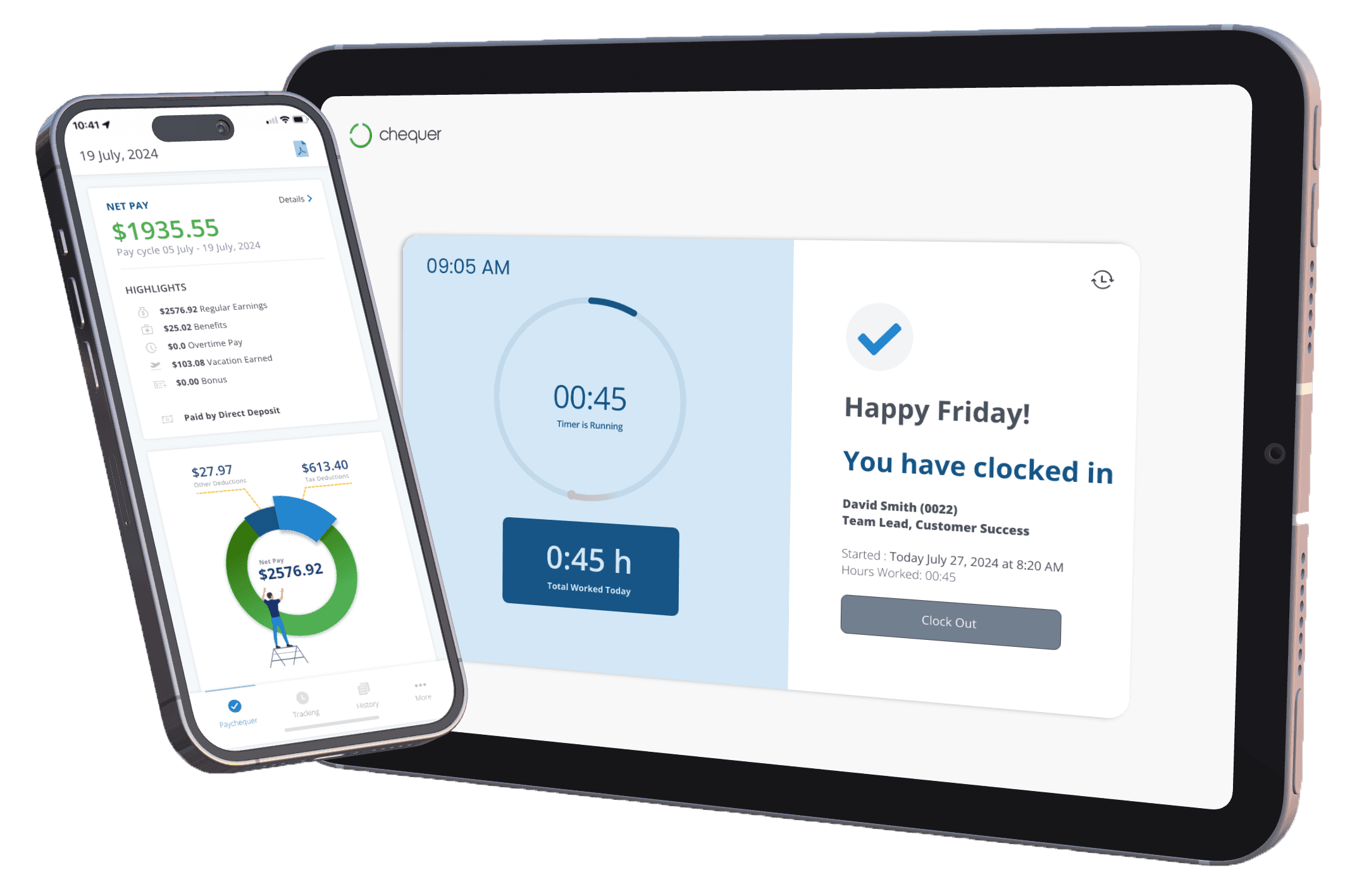 PayChequer app displayed on mobile and tablet showing synchronized time tracking and payroll features with employee clocking in for Friday shift and detailed pay breakdown with earnings visualization