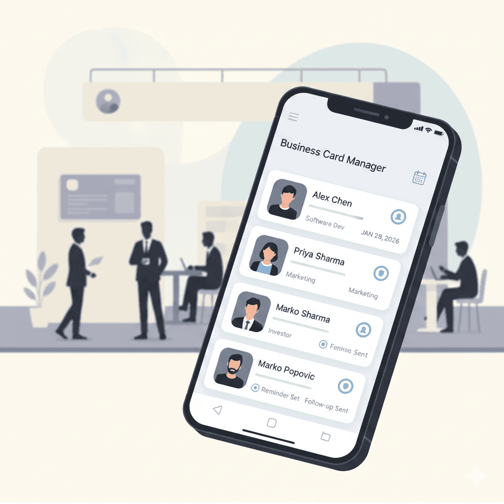 Feature comparison table showing which business card manager apps support scanning, digital cards, AI enrichment, event lead capture, CRM export, and offline use.
