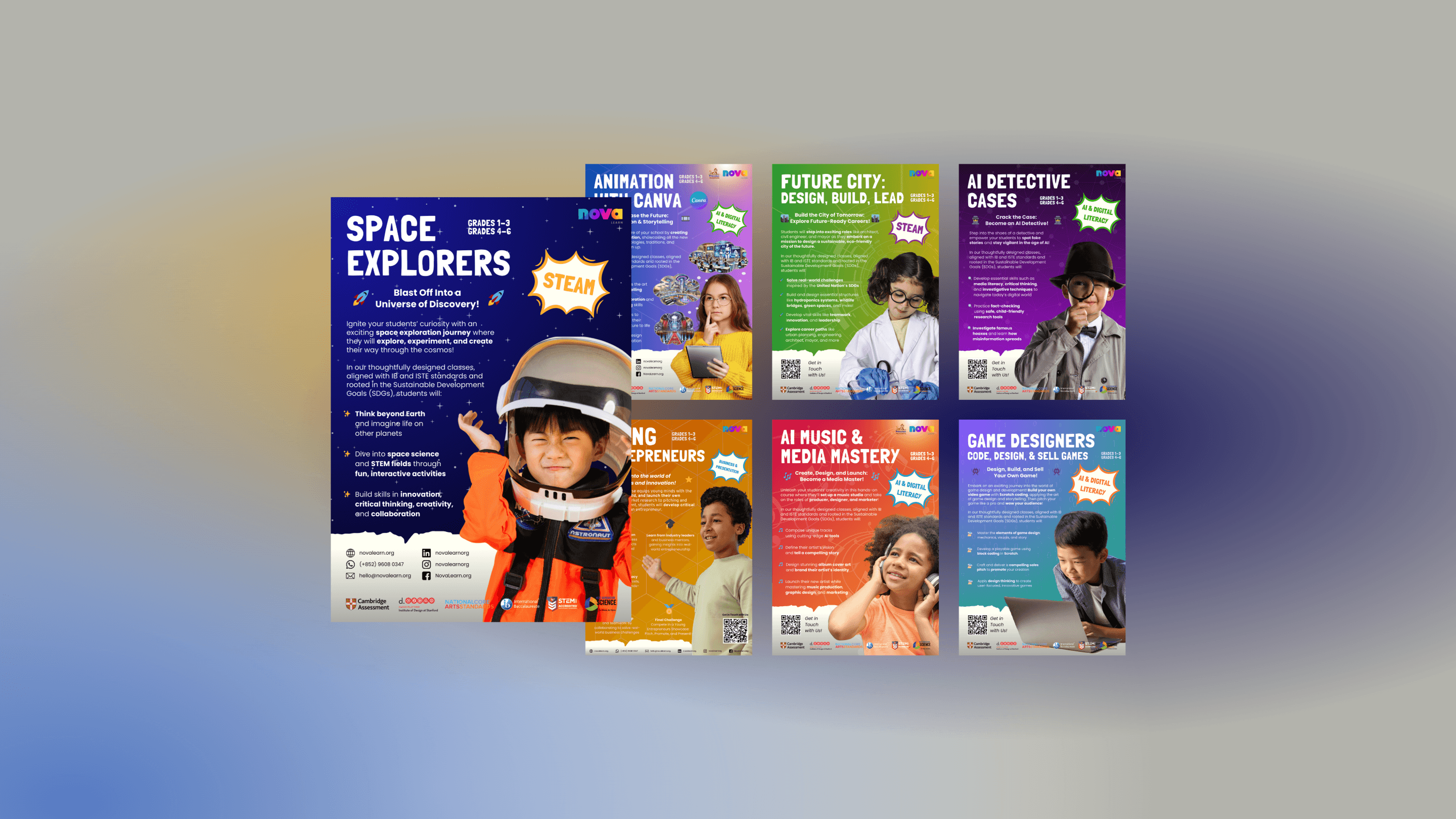 Image showing seven flyers for STEAM and TECH&AI courses for primary school students