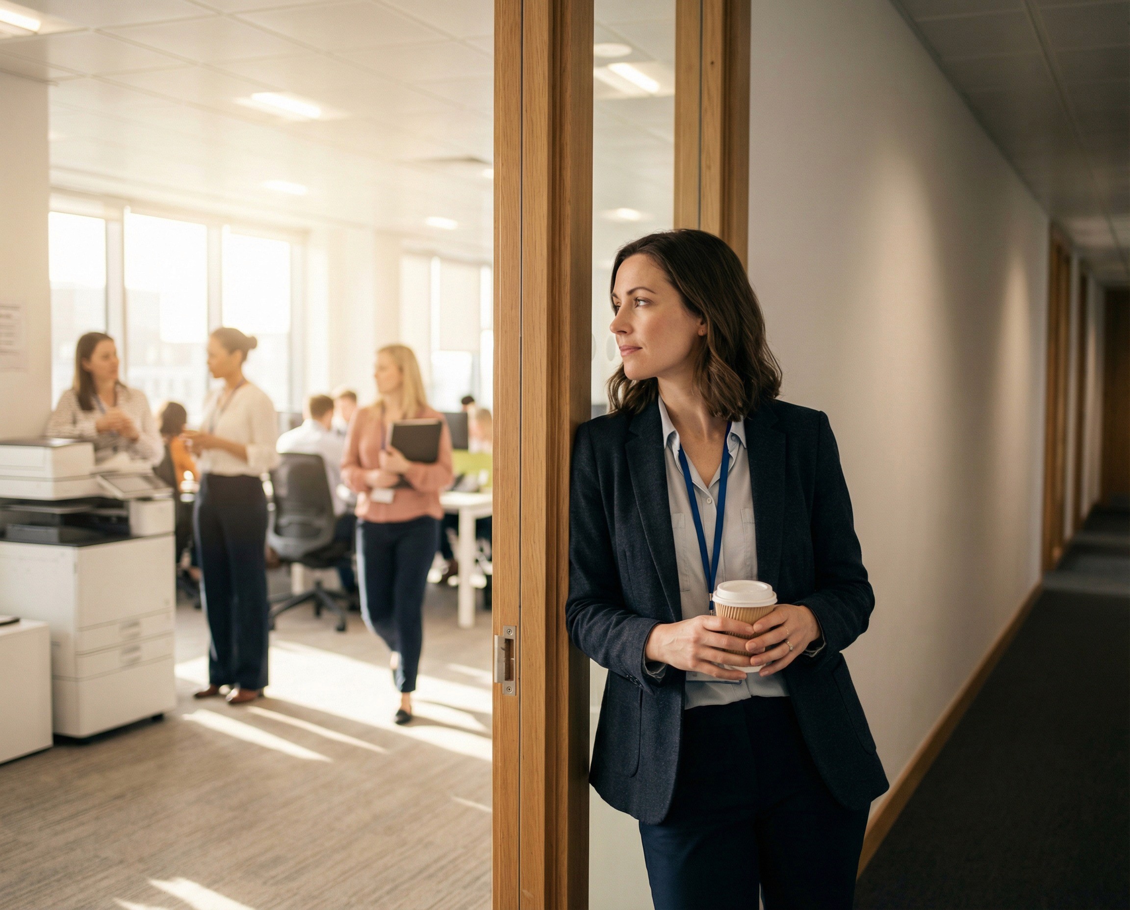 A WHS coordinator in her mid-30s standing in the doorway between a quiet corridor and a large open-plan office, one shoulder leaning against the door frame, holding a coffee, looking out across the floor with the alert, tuned-in expression of someone who has learned to notice the early signals — not alarm, not concern, just the practiced attentiveness of someone whose system surfaces patterns before they escalate. The open-plan office in front of her is functioning normally: people at desks, a conversation happening near a printer, someone walking with a folder.