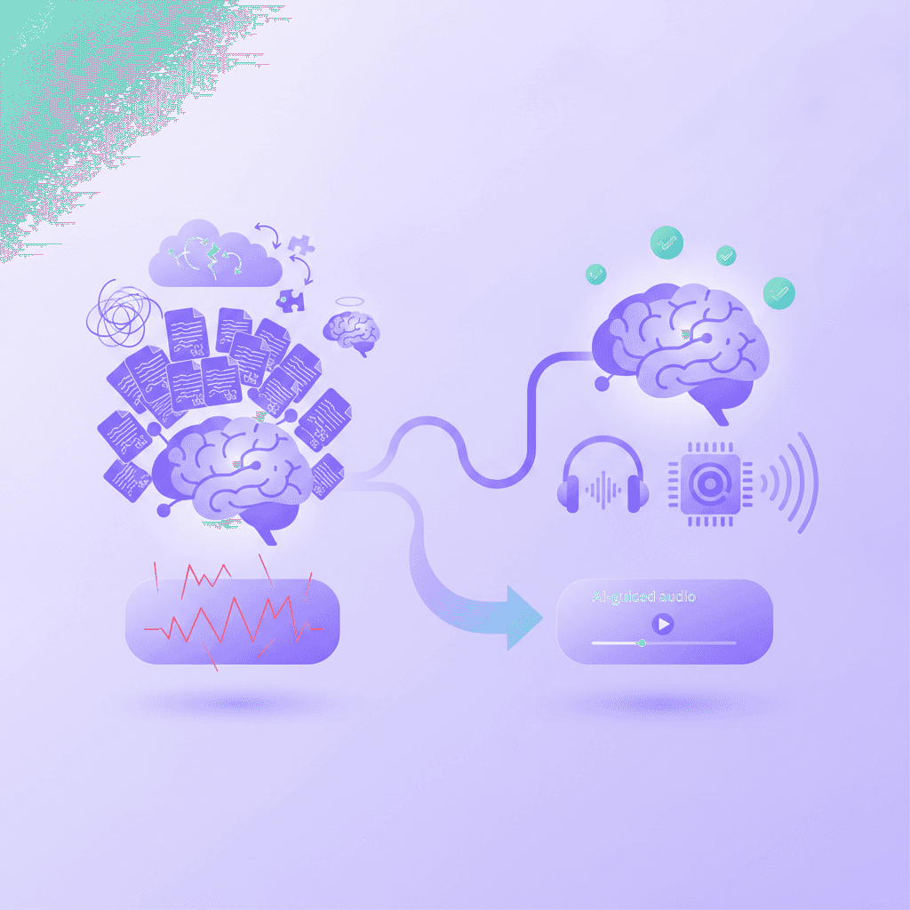 A digital diagram illustrating the cognitive load of a neurodivergent brain attempting to process dense text versus listening to guided audio.
