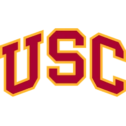 The image shows the USC logo featuring bold, red block letters outlined in yellow, representing the University of Southern California.