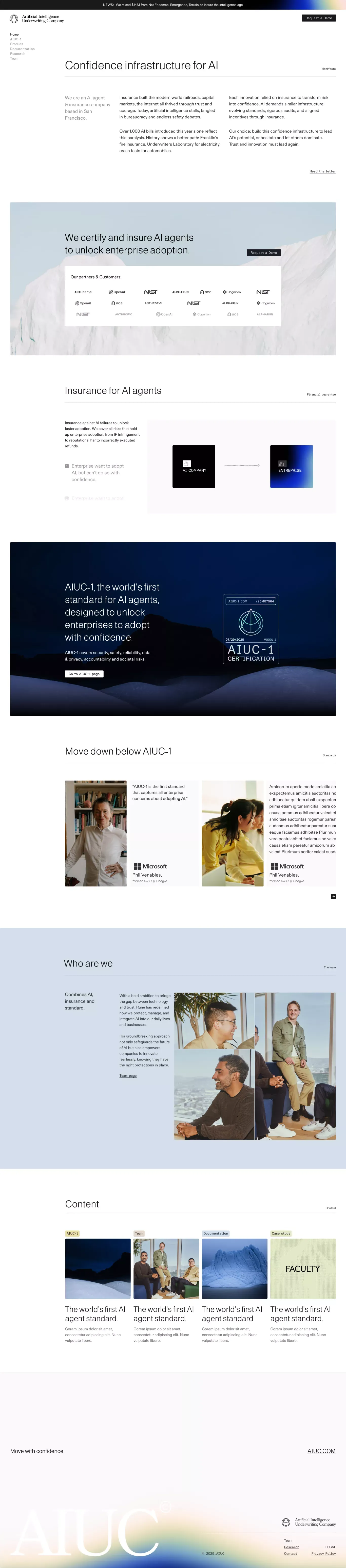 AIUC landing page screenshot showcasing AI and Tech design
