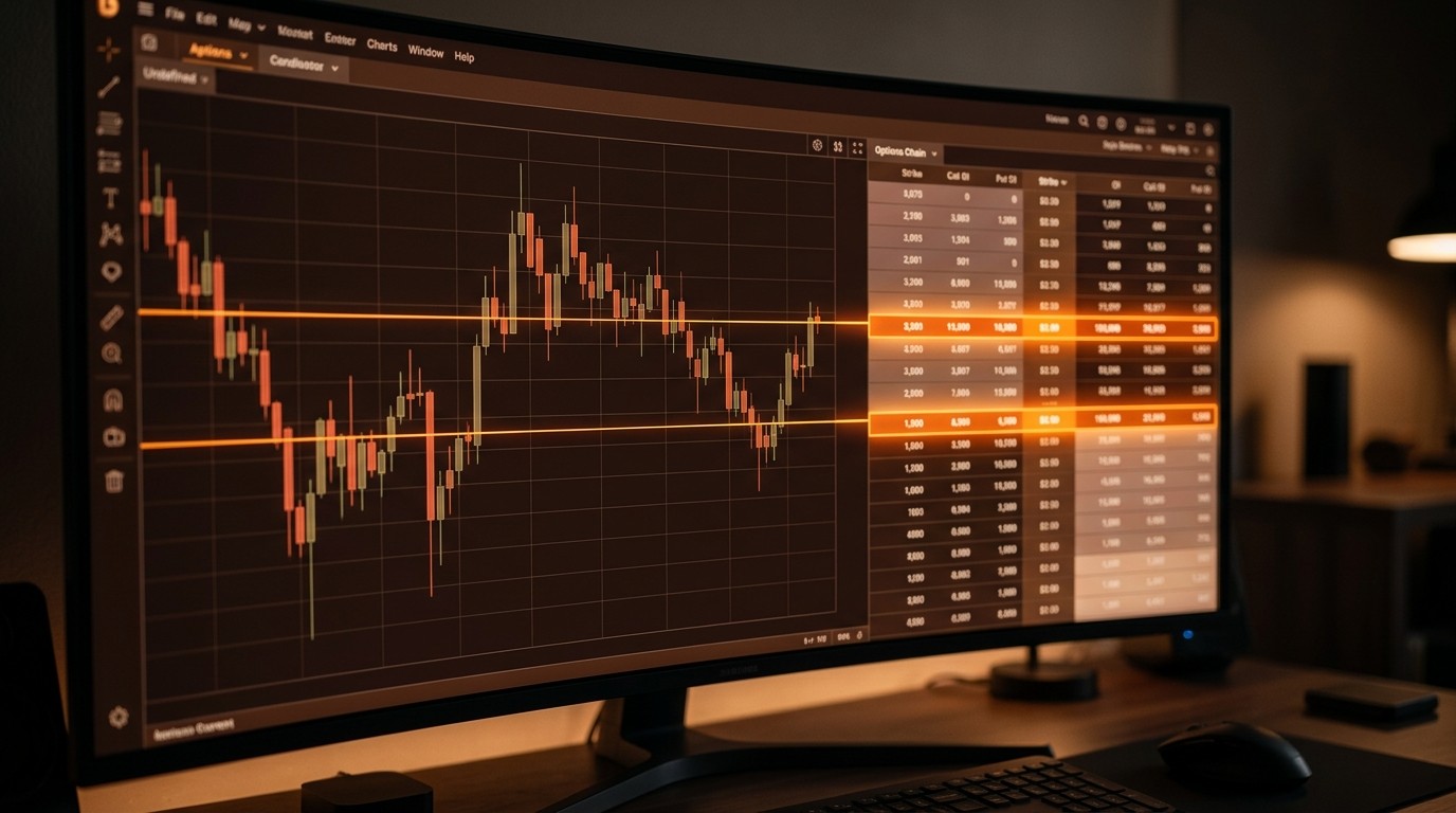 Options chain open interest rows extending as support and resistance lines onto a live candlestick chart.