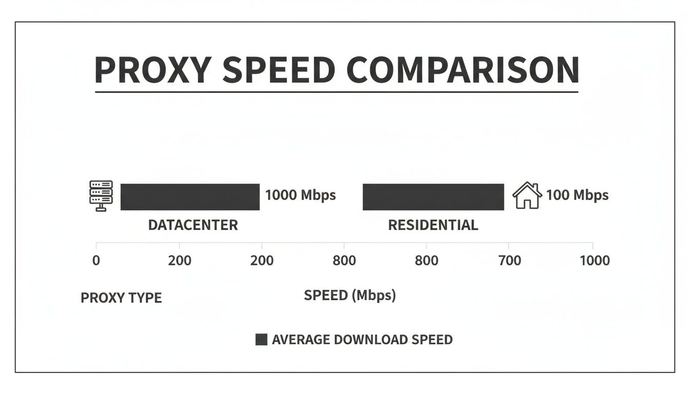 Bar chart comparing average download speeds: Datacenter proxies at 1000 Mbps vs. Residential proxies at 100 Mbps.