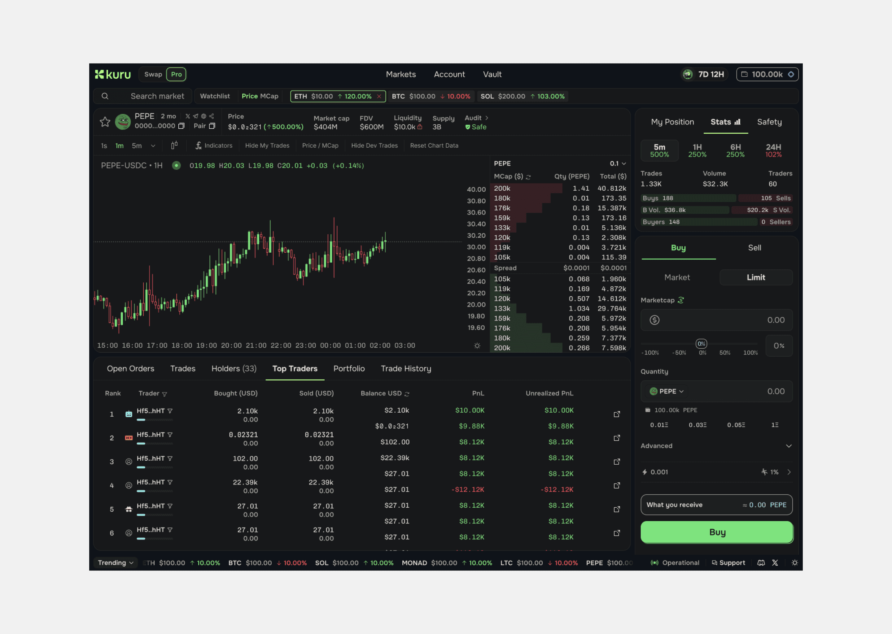 Trading interface, dark mode