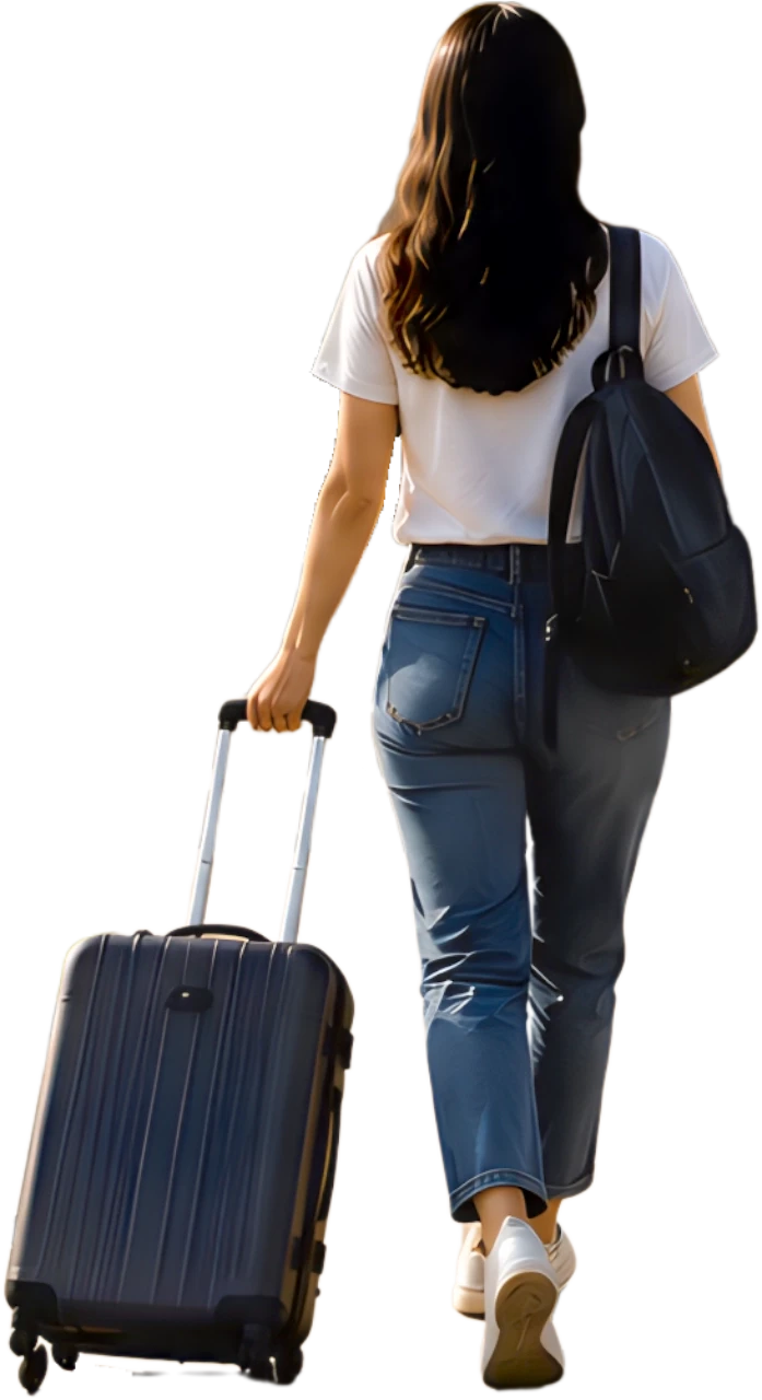 A traveler walking to a house with a backpack and rolling suitcase