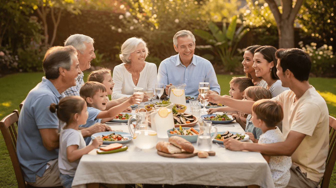 A multigenerational family is gathered outdoors, enjoying a meal together, showcasing genuine relationships and family support. This scene reflects the importance of emotional well-being and decision-making in financial planning, especially for those navigating sudden wealth and its potential emotional implications.