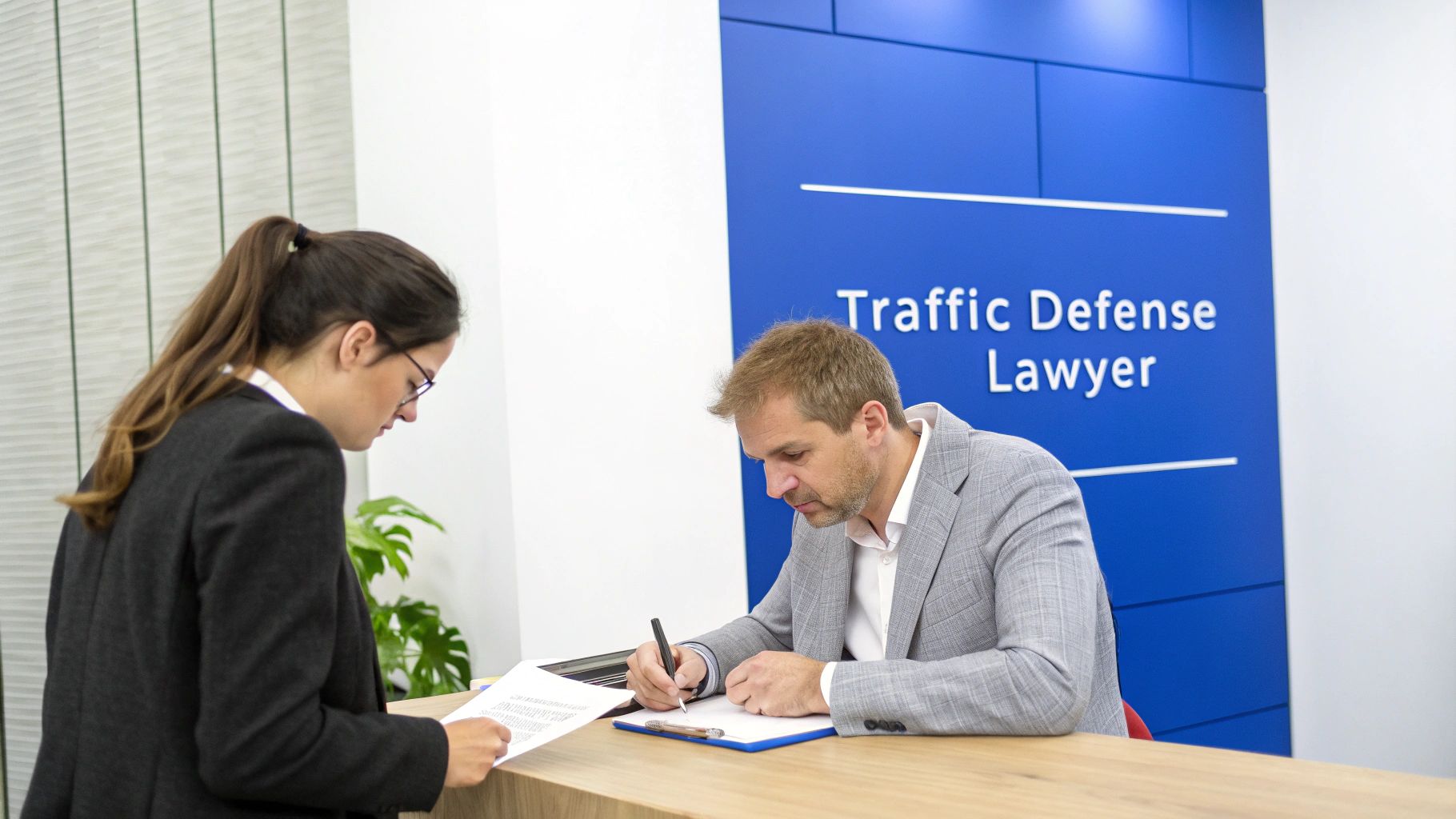 A man signs documents while a woman in a suit stands next to him in a lawyer's office.