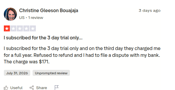 1-star JobHire.ai review describing a $171 charge after a three-day trial