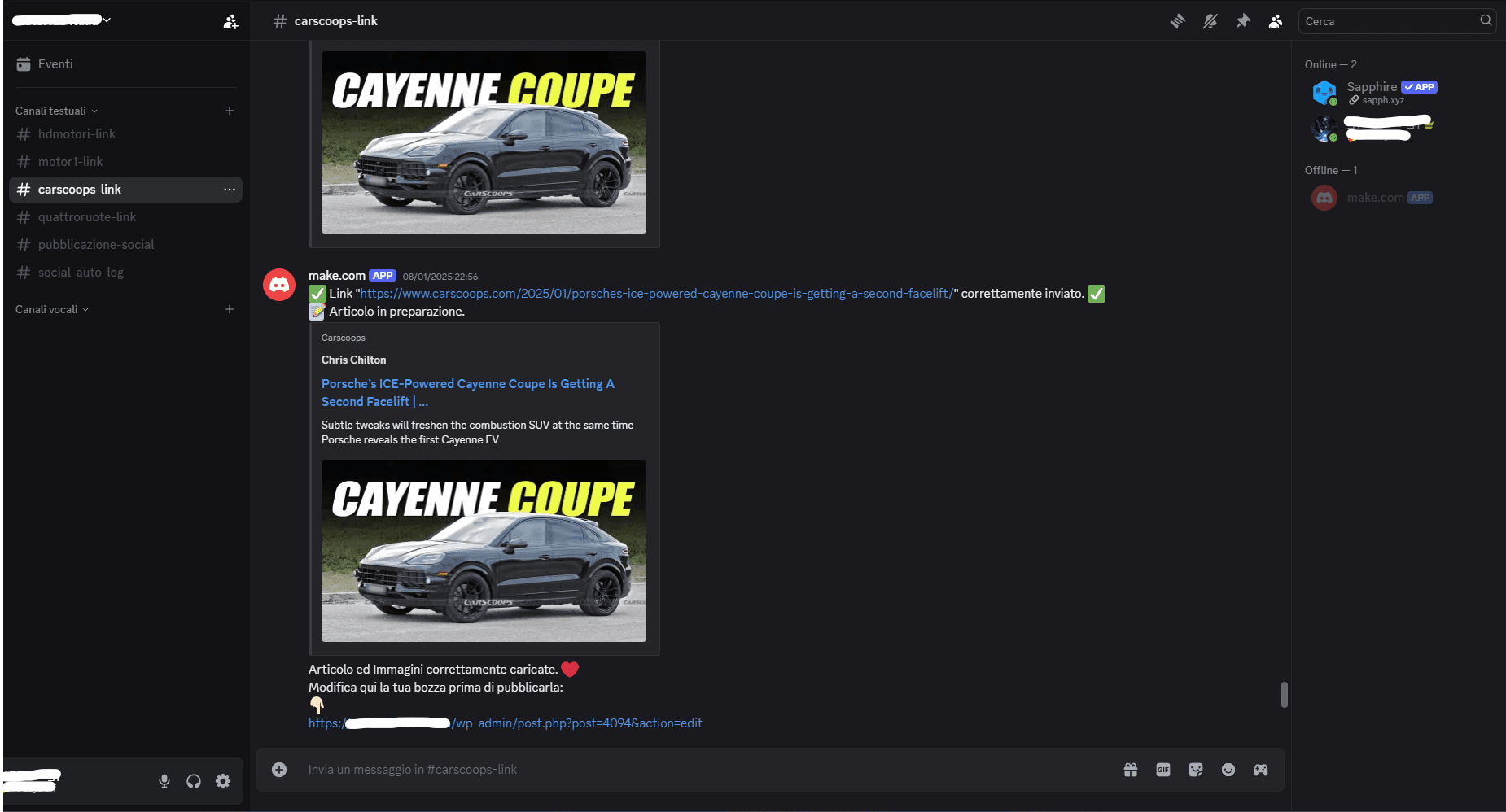 Another site (Carscoops), link sent and after I receive the draft link