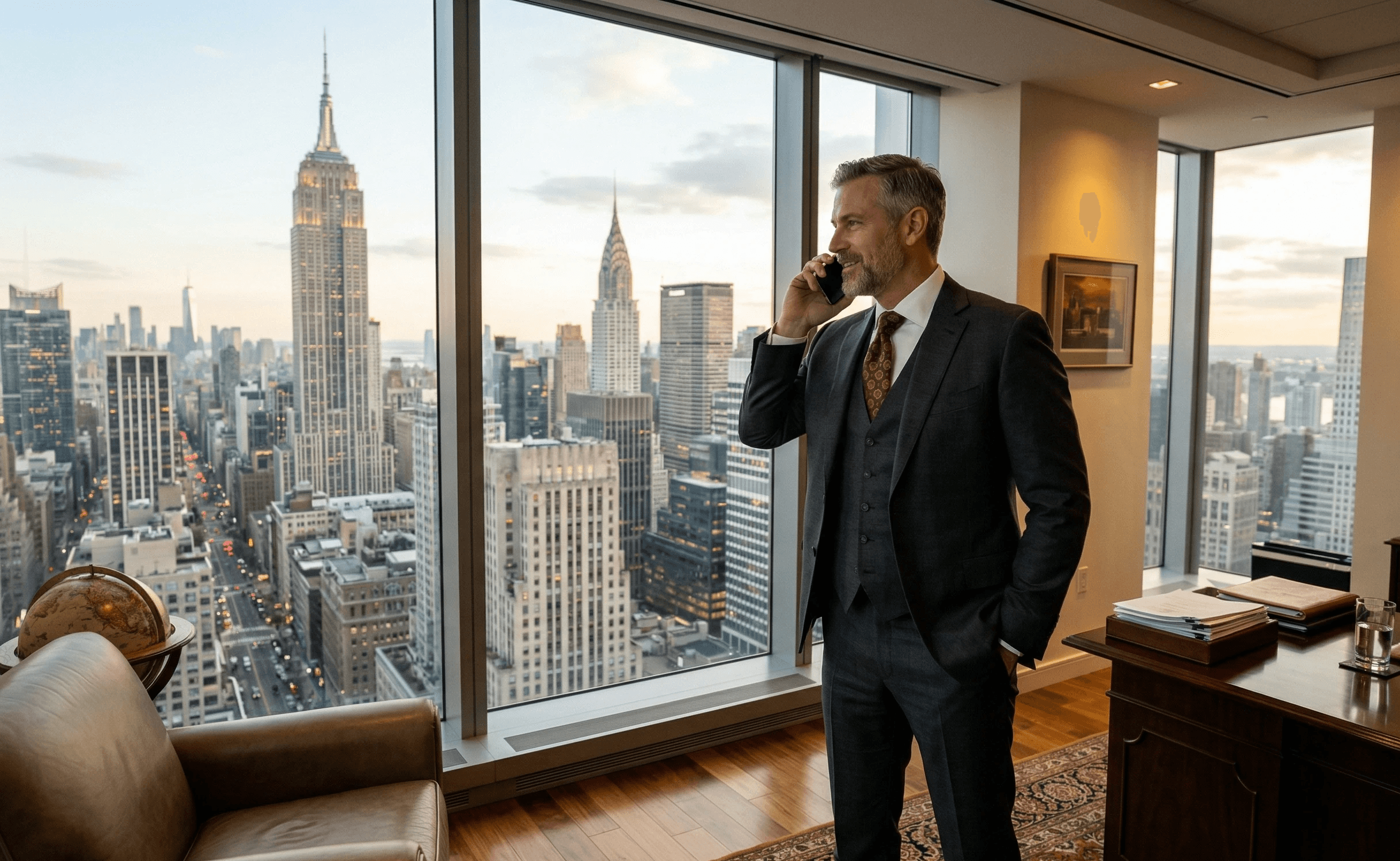 Ein Mann im grauen Anzug steht in einem New Yorker Büro mit Blick auf das Empire State Building und telefoniert.