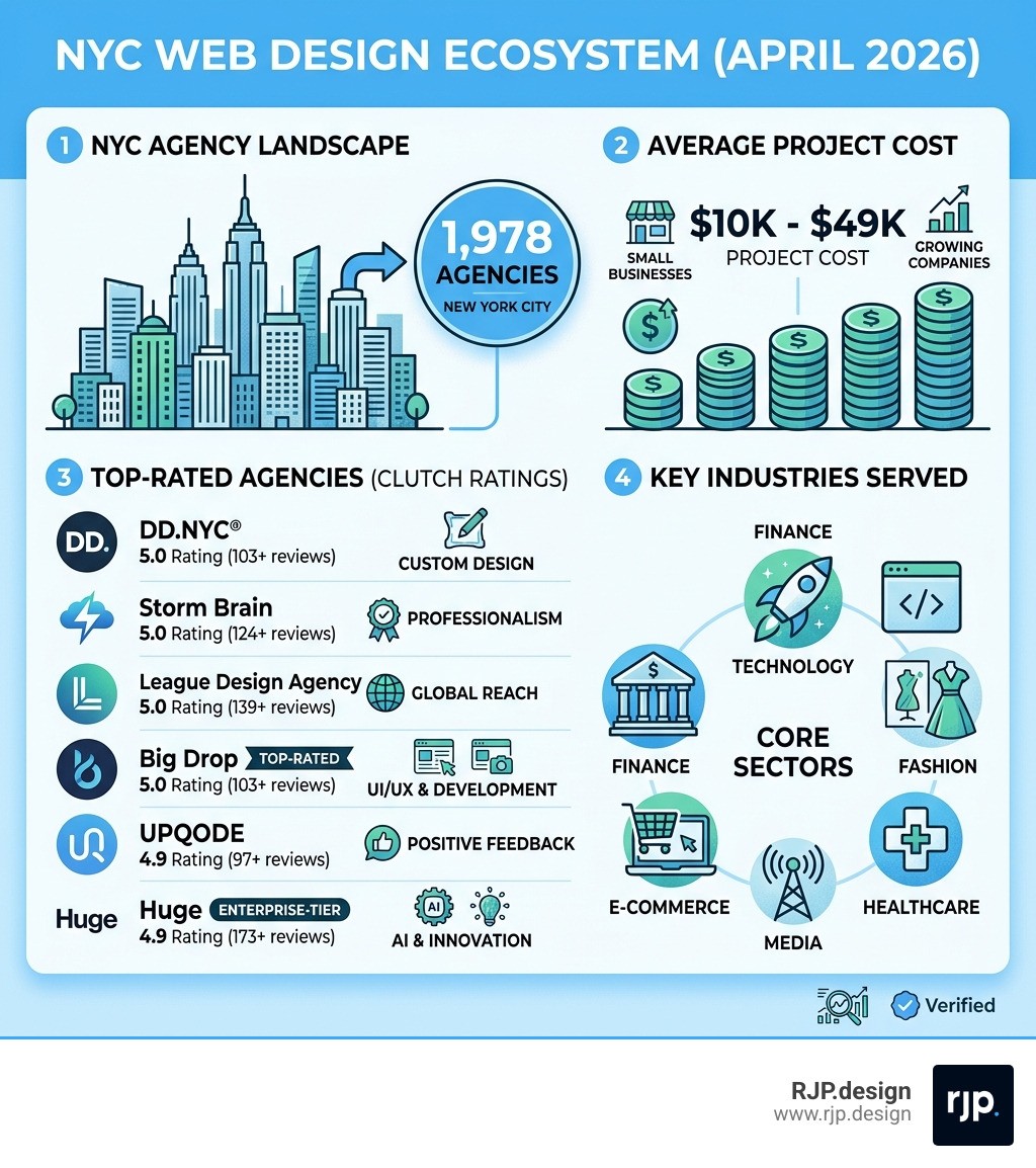 NYC web design ecosystem infographic: 1,978 agencies, average project cost $10k-$49k, top-rated agencies, key industries