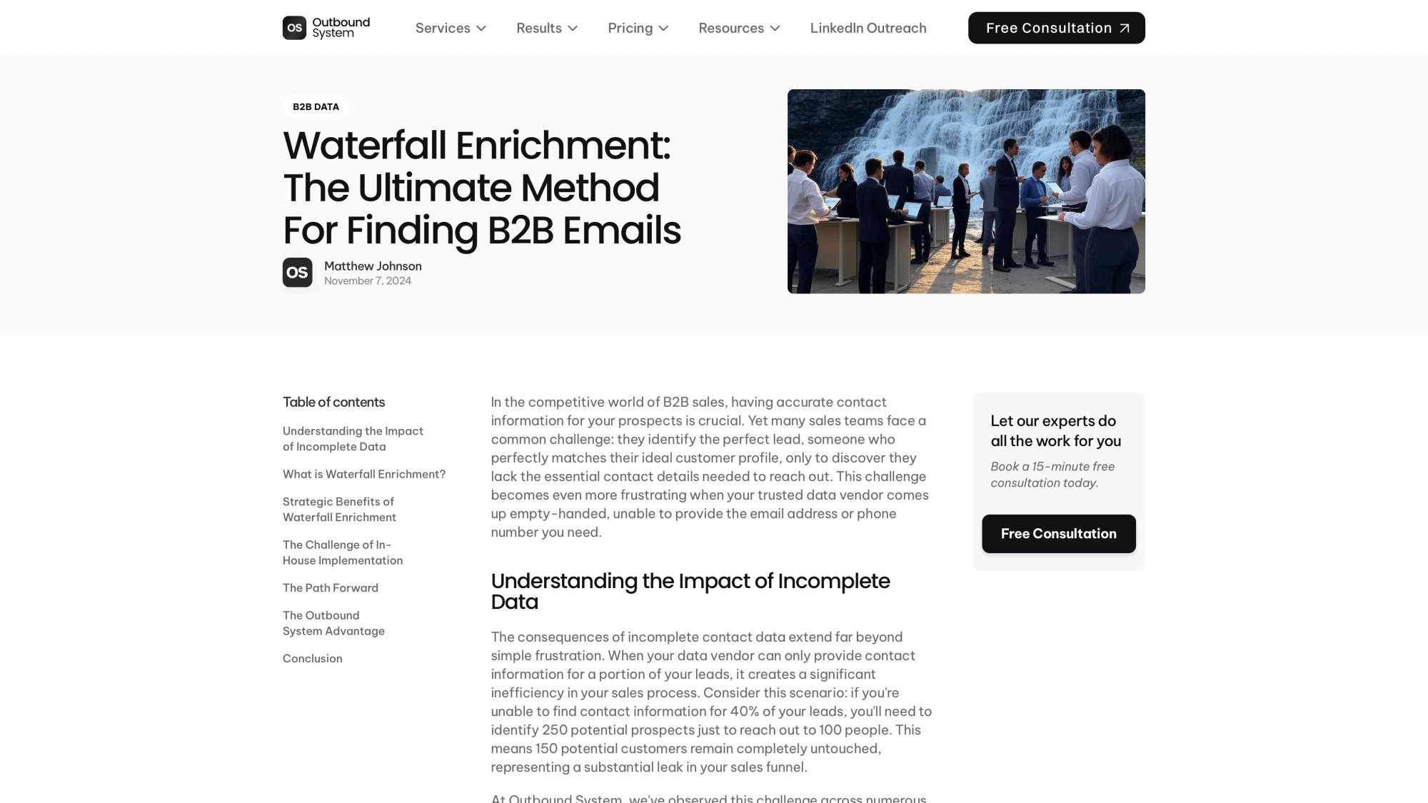 Outbound System waterfall enrichment blog article explaining the 9-step methodology for B2B email verification