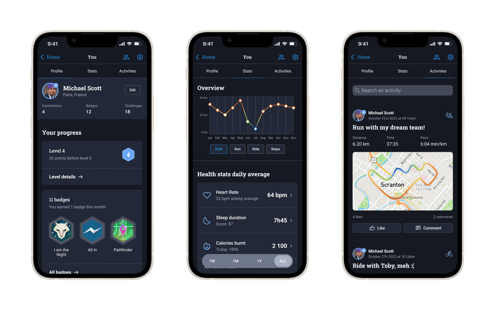 Profile pages is splitted into three sections: your profile, your stats and your activities