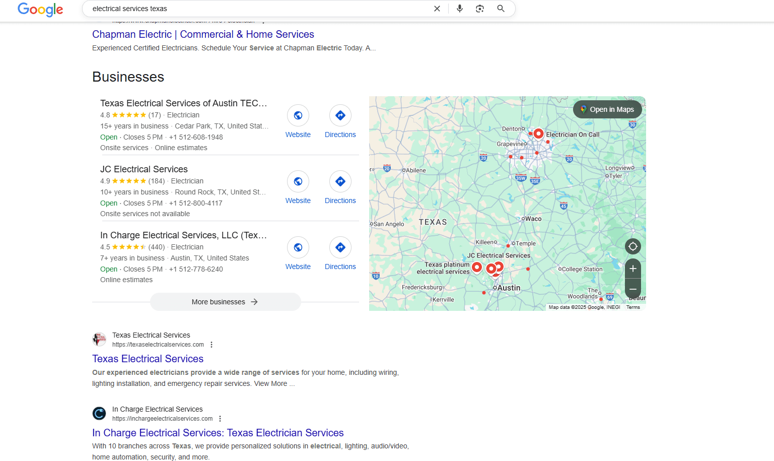 google search result for electrical services texas