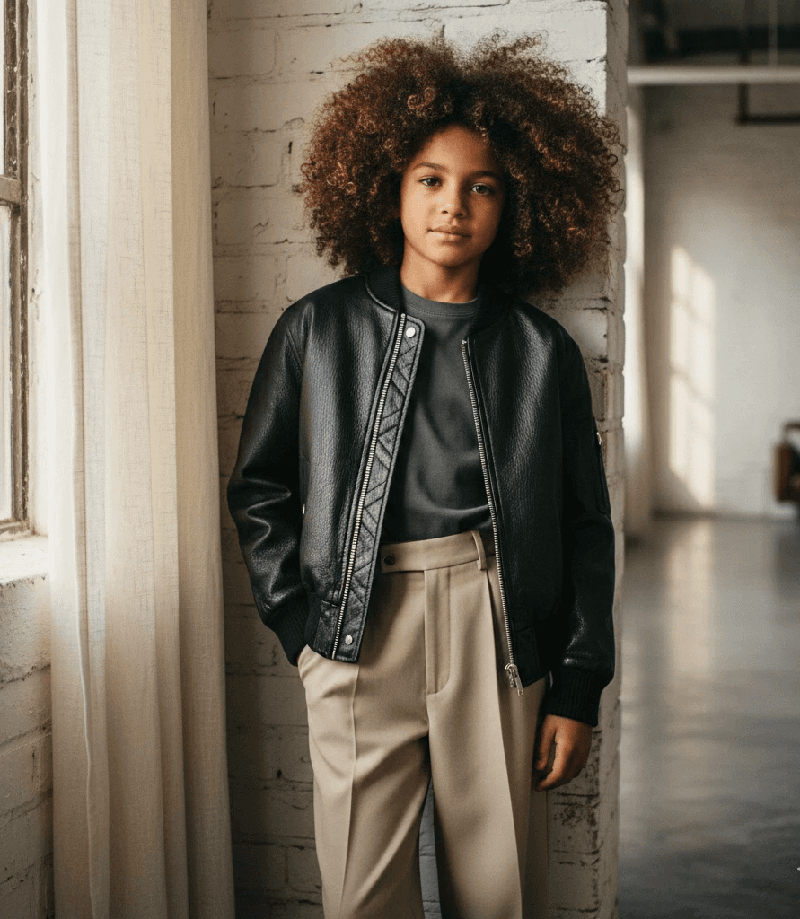 kid in the black jacket having curly hairs