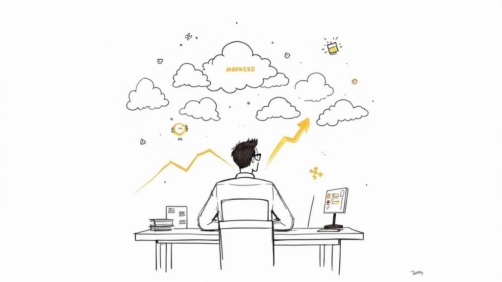 A minimalist desk setup with a laptop displaying charts and graphs, representing modern keyword research.