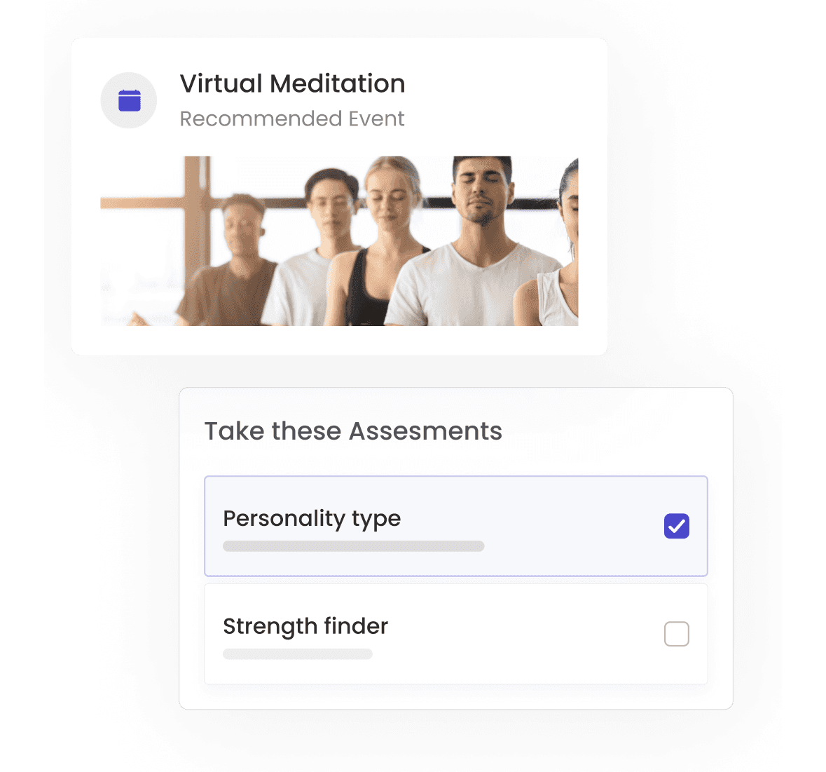 Widgets highlighting virtual meditation events, employee assessments such as personality type and communication style, and a space for employees to share photos from events, showcasing interactive engagement opportunities.