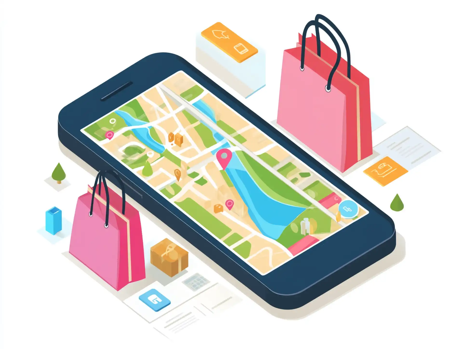 A smartphone displaying a map surrounded by shopping bags and boxes, symbolizing mobile e-commerce and local discovery.