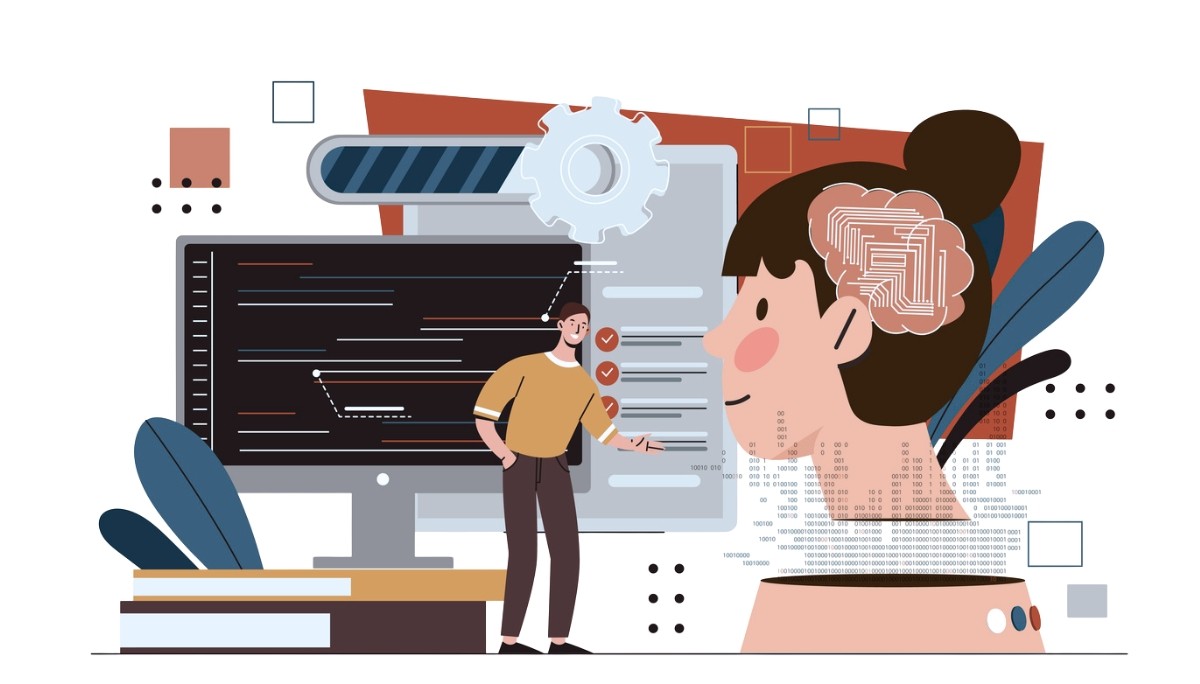 Illustration of a person interacting with a computer displaying code, alongside a stylized human head with a circuit-patterned brain.