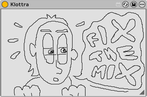 Klottra Max for Live device showing a grey doodle of a character with the text ‘FIX THE MIX,’ demonstrating drawings stored directly in the Ableton Live Set.