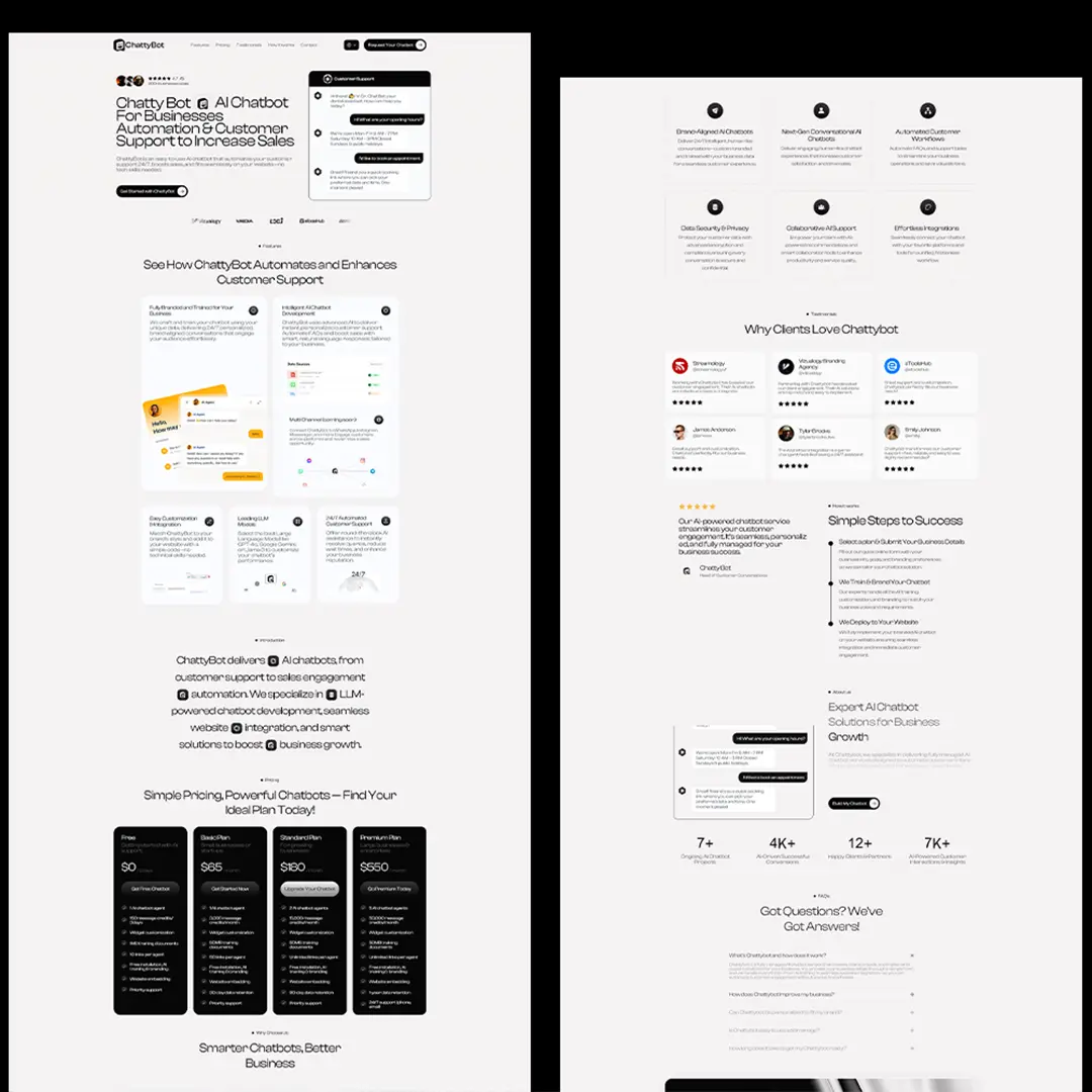 Custom AI chatbots for business automation and customer support, Chattybot platform overview, pricing, client testimonials, and key features.