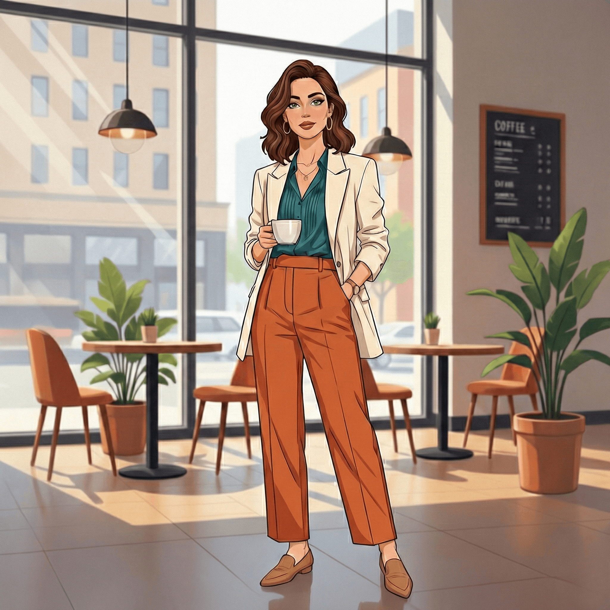 Professional woman confidently walking in a bustling city street like Mumbai or New York, wearing a chic, relaxed-tailored office outfit styled by Monova's AI.