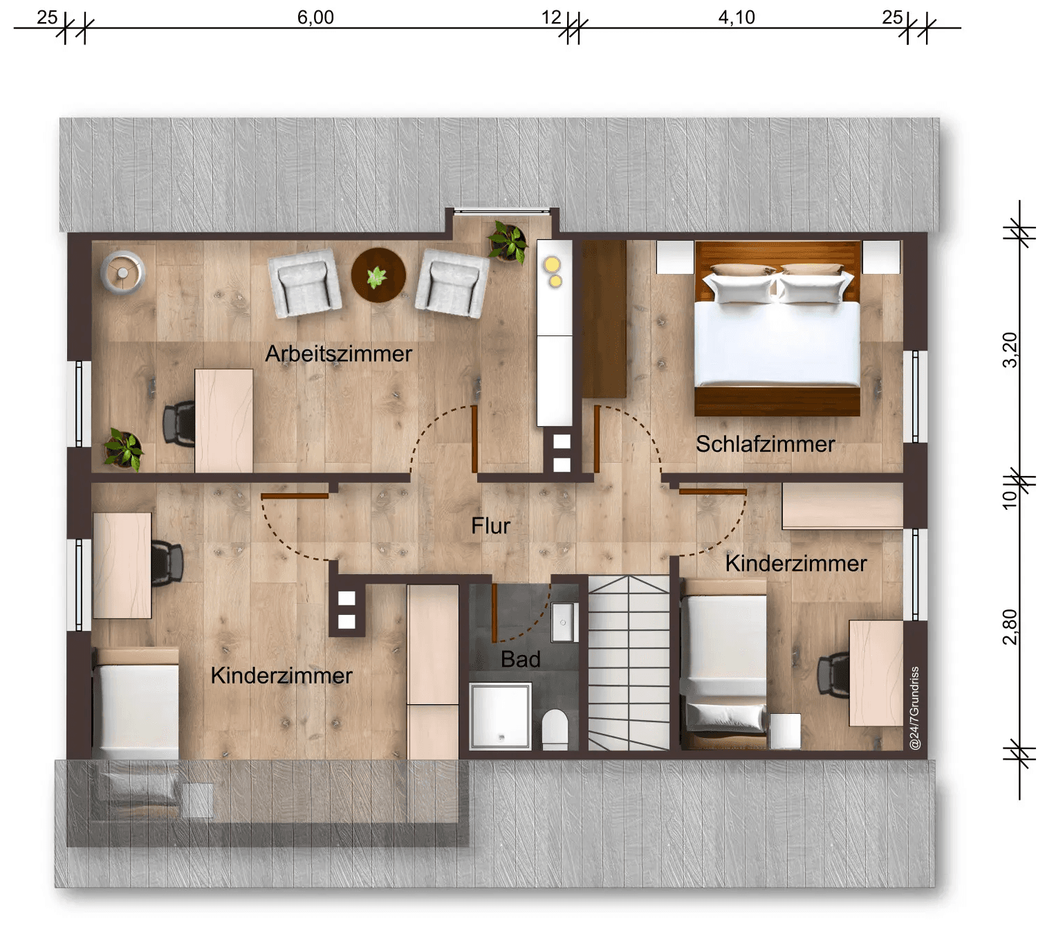 Grundriss des Obergeschosses mit Schlafzimmer, zwei Kinderzimmern, Arbeitszimmer, Bad und Flur in Einfamilienhaus in Gronau