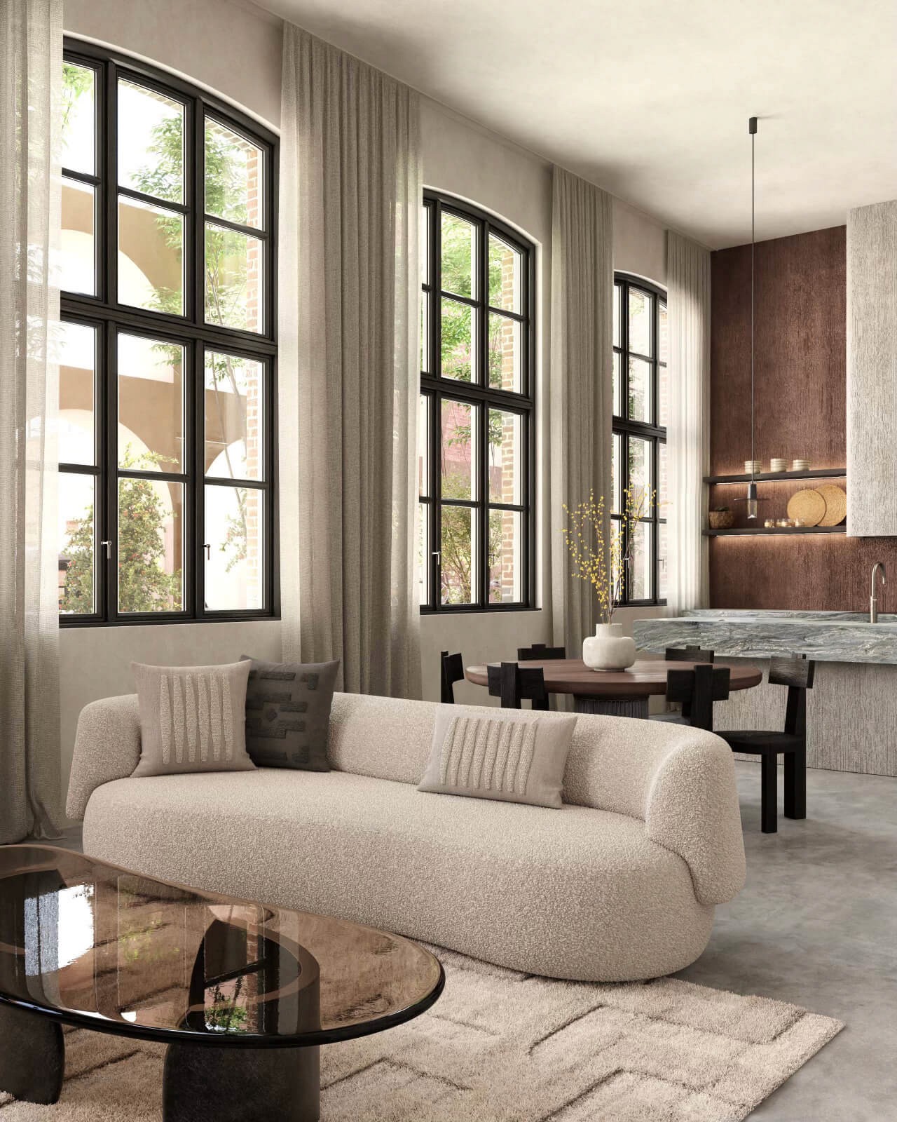 A bright, modern living room with arched windows, plush beige sofa, glass coffee table, and a dining table set against a serene backdrop of warm neutral tones