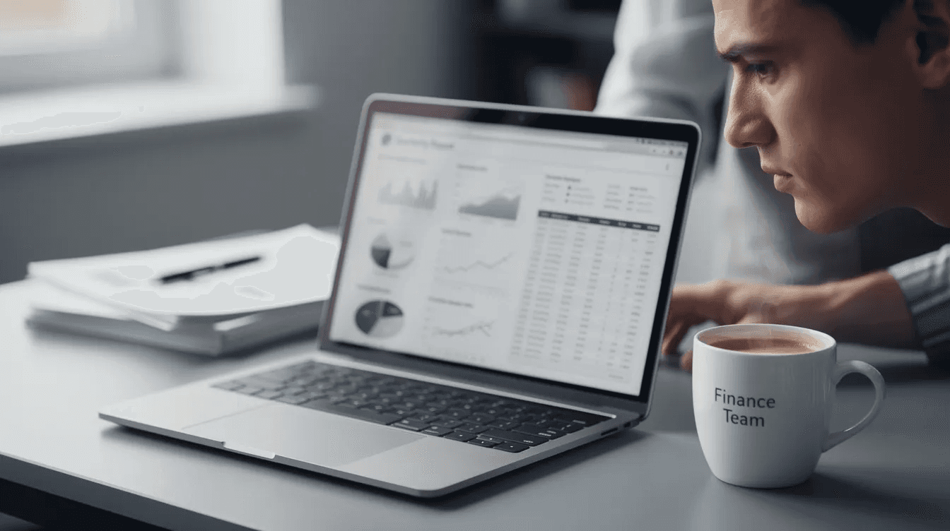 A person is seated at a table, focused on reviewing financial documents displayed on a laptop screen, with a steaming cup of coffee placed nearby. This scene reflects the importance of transparency and effective financial management for organizations and charities, which rely on donations to support their mission.