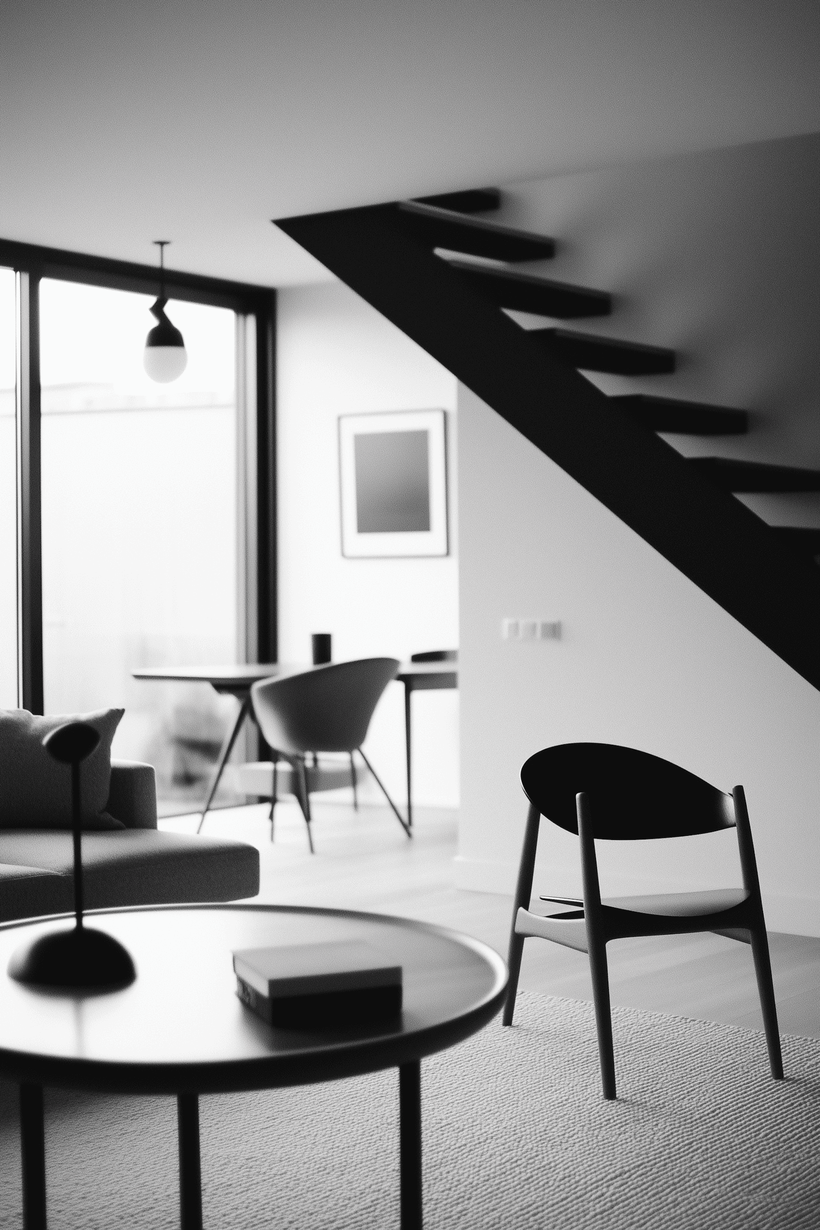 Modern living room with floating black staircase, contemporary furniture, pendant lighting, and floor-to-ceiling windows