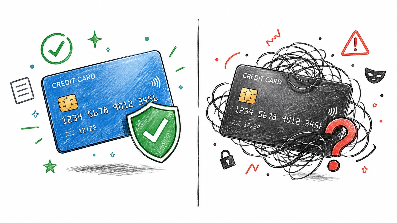 An illustration contrasting a secure blue credit card with a shield against a compromised black credit card.