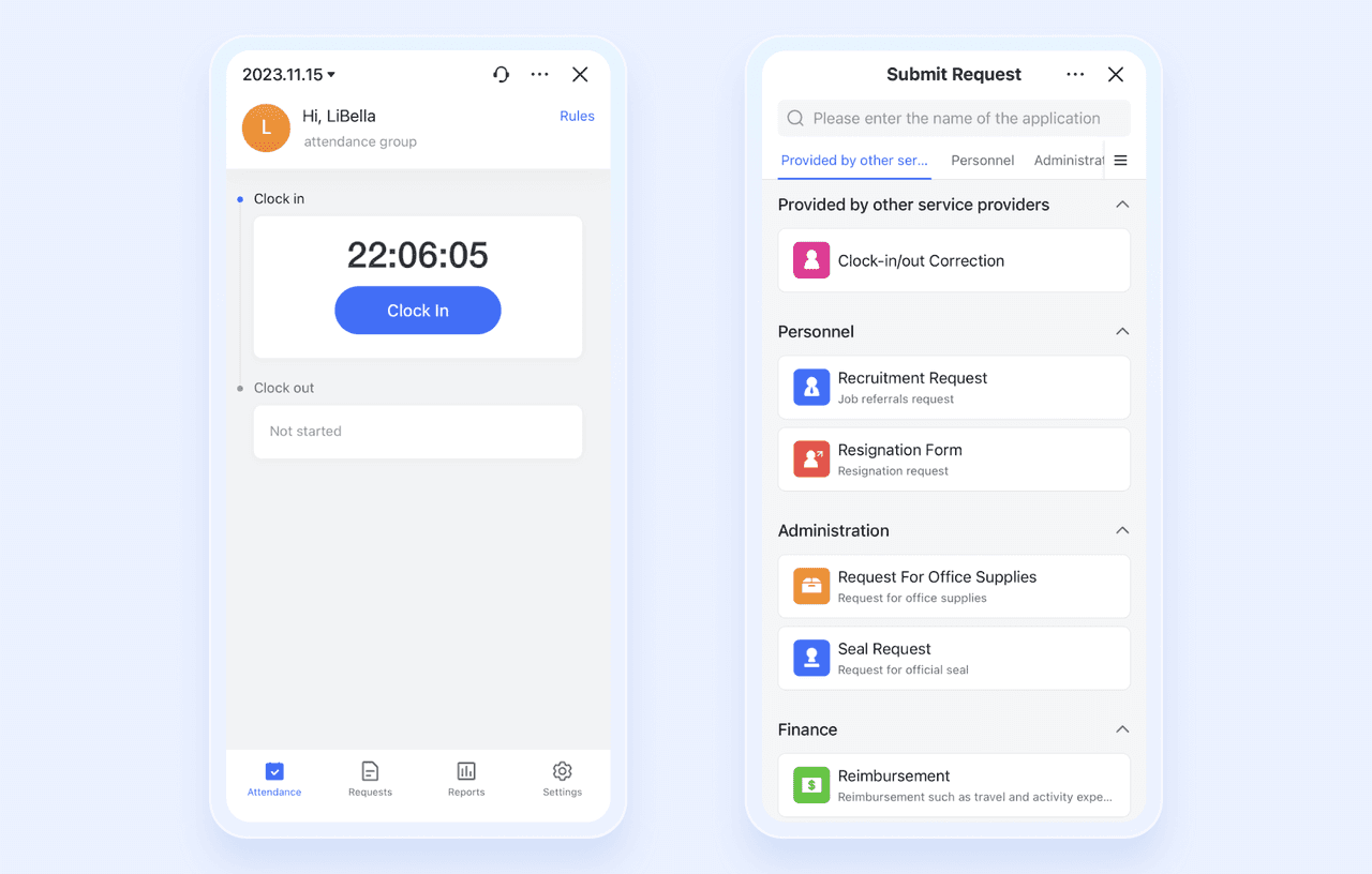 An image of Lark Attendance and Lark Approval mobile apps