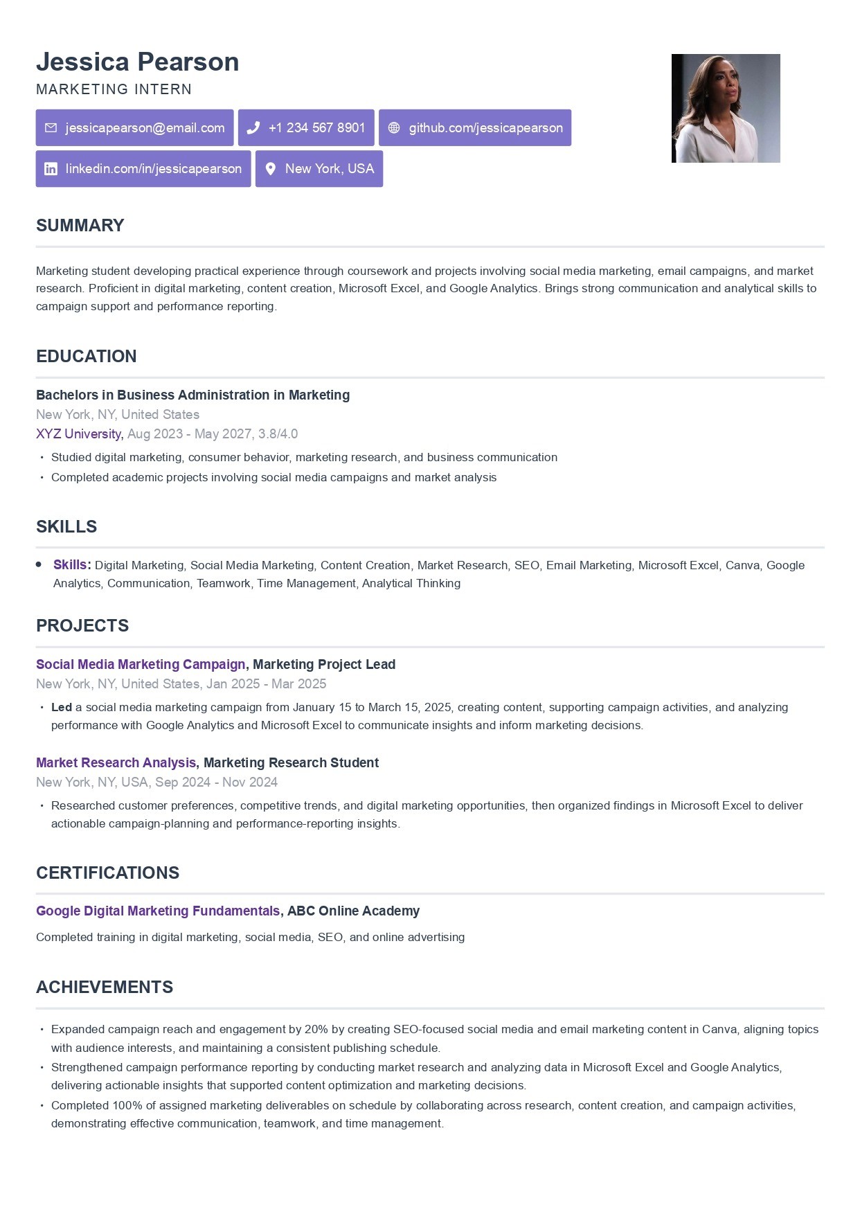 Simple college resume template with education, skills, and projects sections in a single-column layout