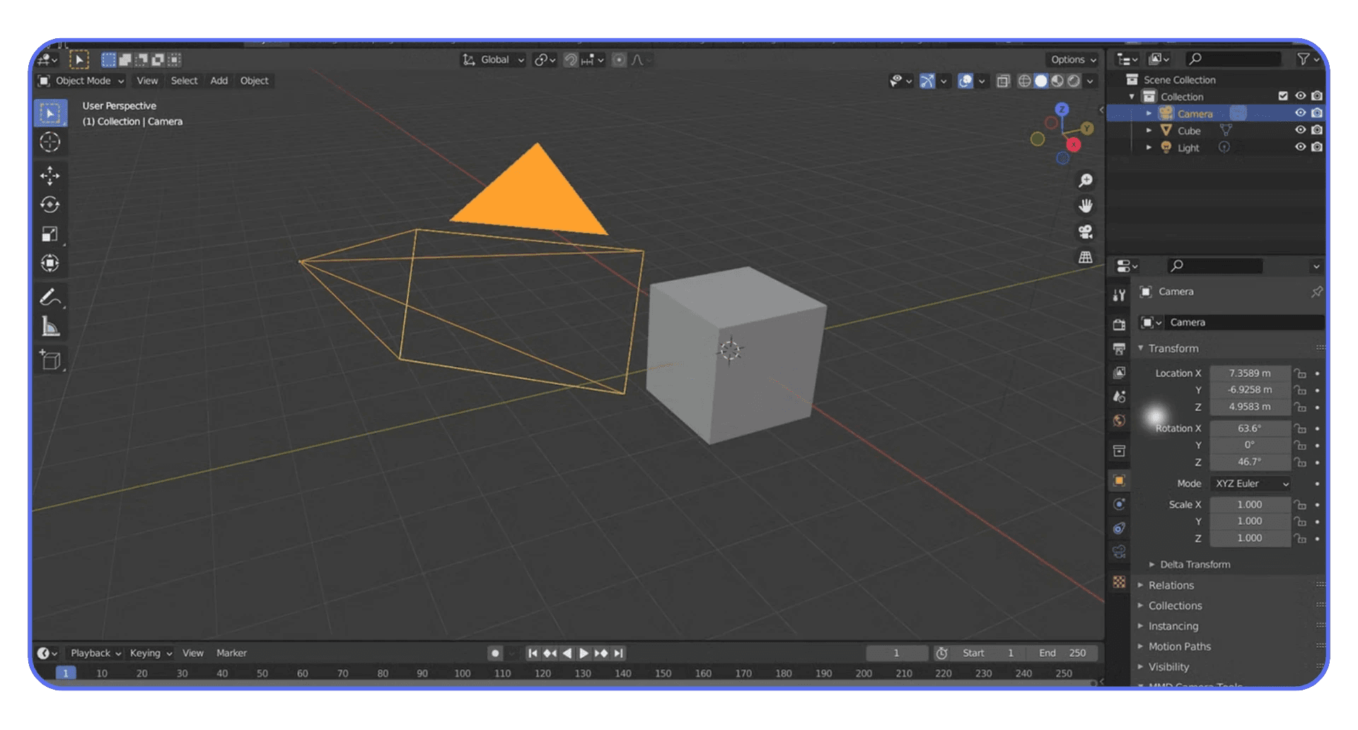 Blender viewport showing camera, light, and cube placement in a simple test scene
