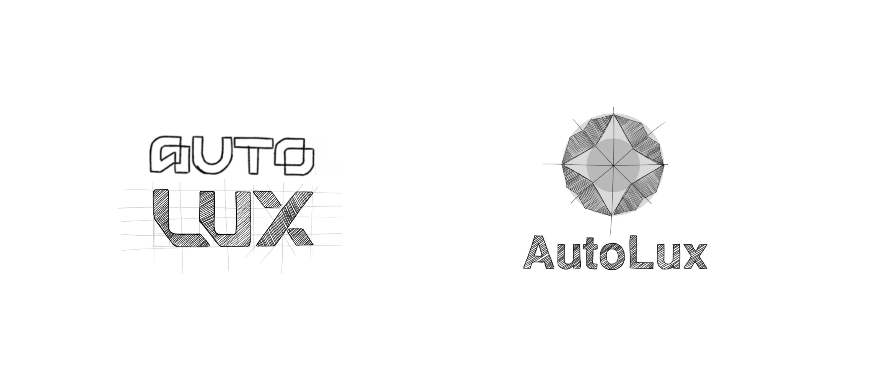 Recherches graphiques et grille de construction géométrique du logo AutoLux. Focus sur le processus de création et la rigueur technique du design.