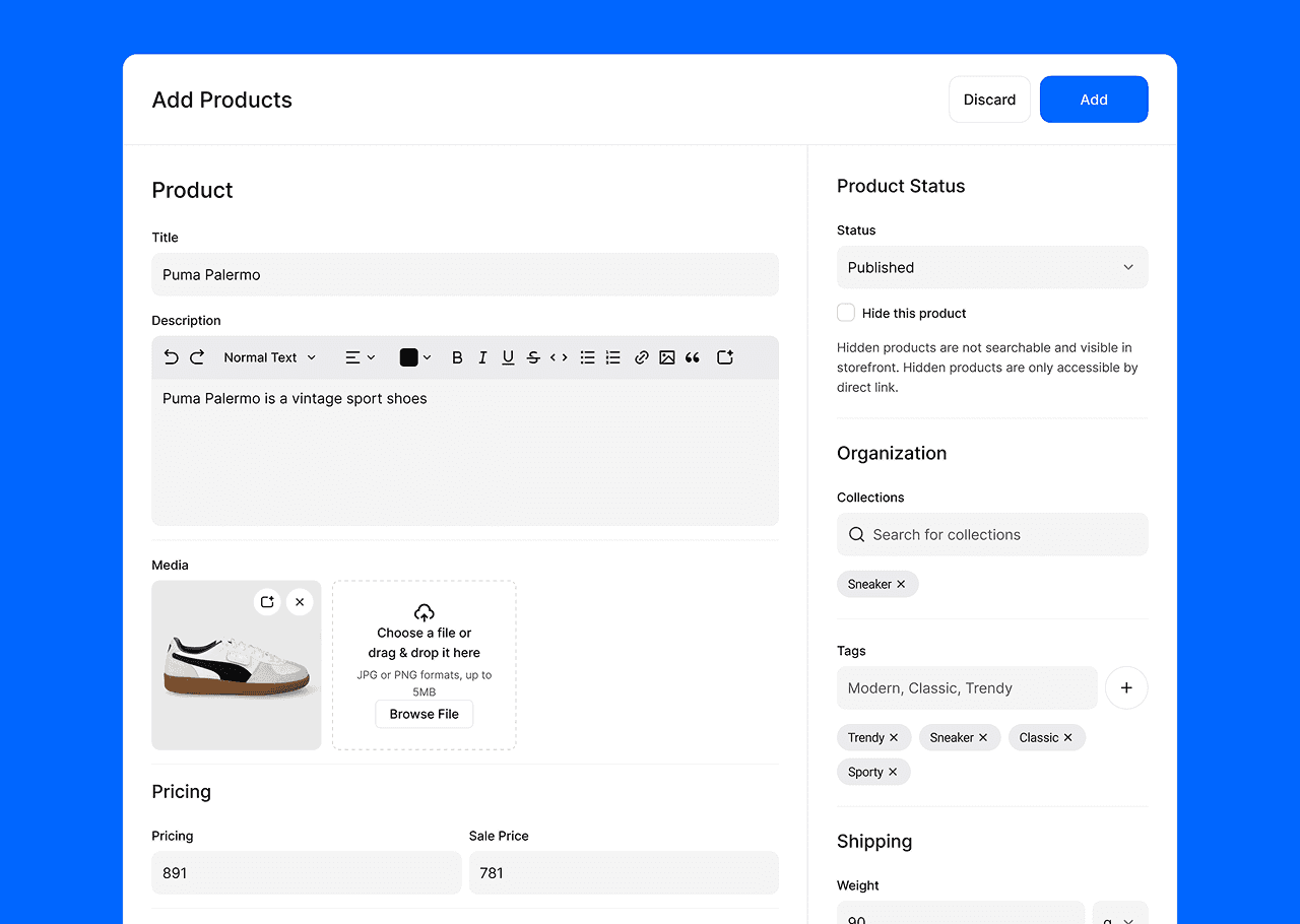 Screenshot of a user interface displaying an item with a description, features, and image details on a blue background.