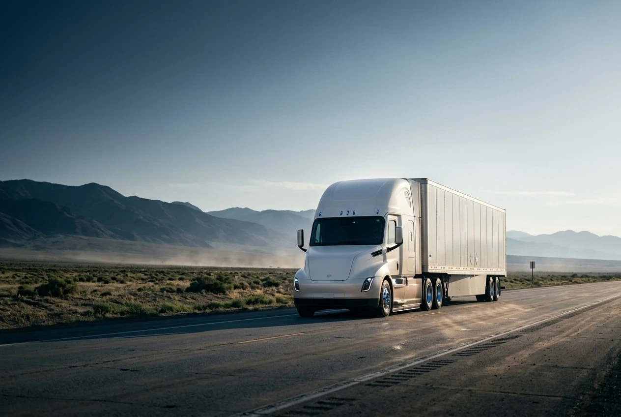 Semi-truck with a refrigerated trailer parked at a desert rest stop, hills in the distance