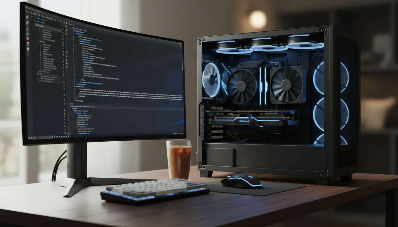 DSLR photograph of a modern gaming PC setup, low-angle shot across a dark wood grain desk. On the right, an open-case PC tower reveals its internal components: a high-performance graphics card, illuminated RAM, and cooling fans, all glowing with cool blue LED light. To the left, a large ultrawide monitor displays a dark mode code editor with abstracted text lines. A white keyboard, a black gaming mouse, and a glass of iced coffee are arranged on the desk. The scene is lit by soft natural daylight, with a shallow depth of field creating a blurred bokeh background.