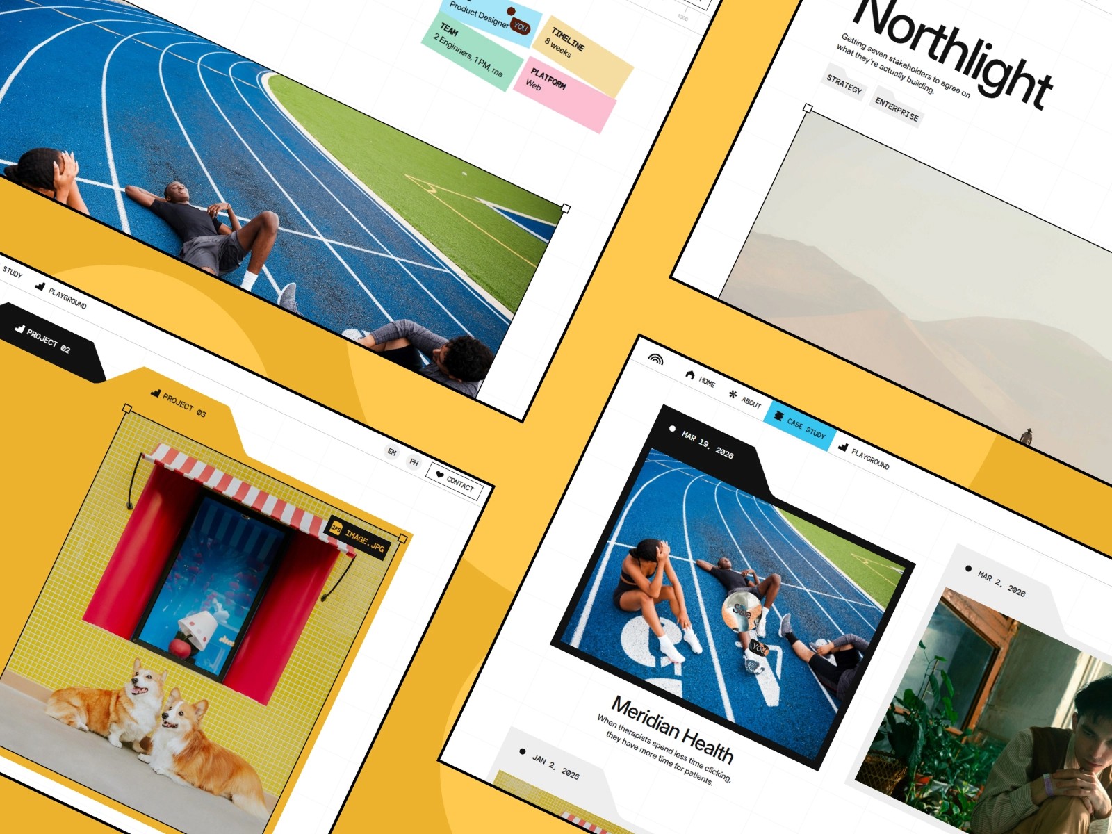Webpage designs featuring athletics and dogs, with a yellow background.