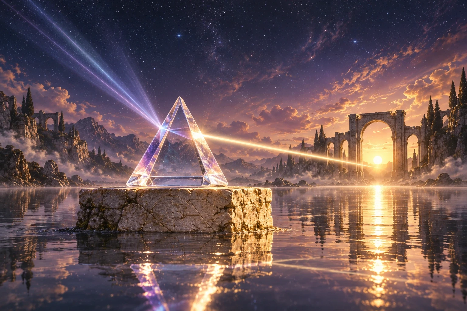 A clear prism gathers scattered light into a warm beam across a quiet celestial landscape.