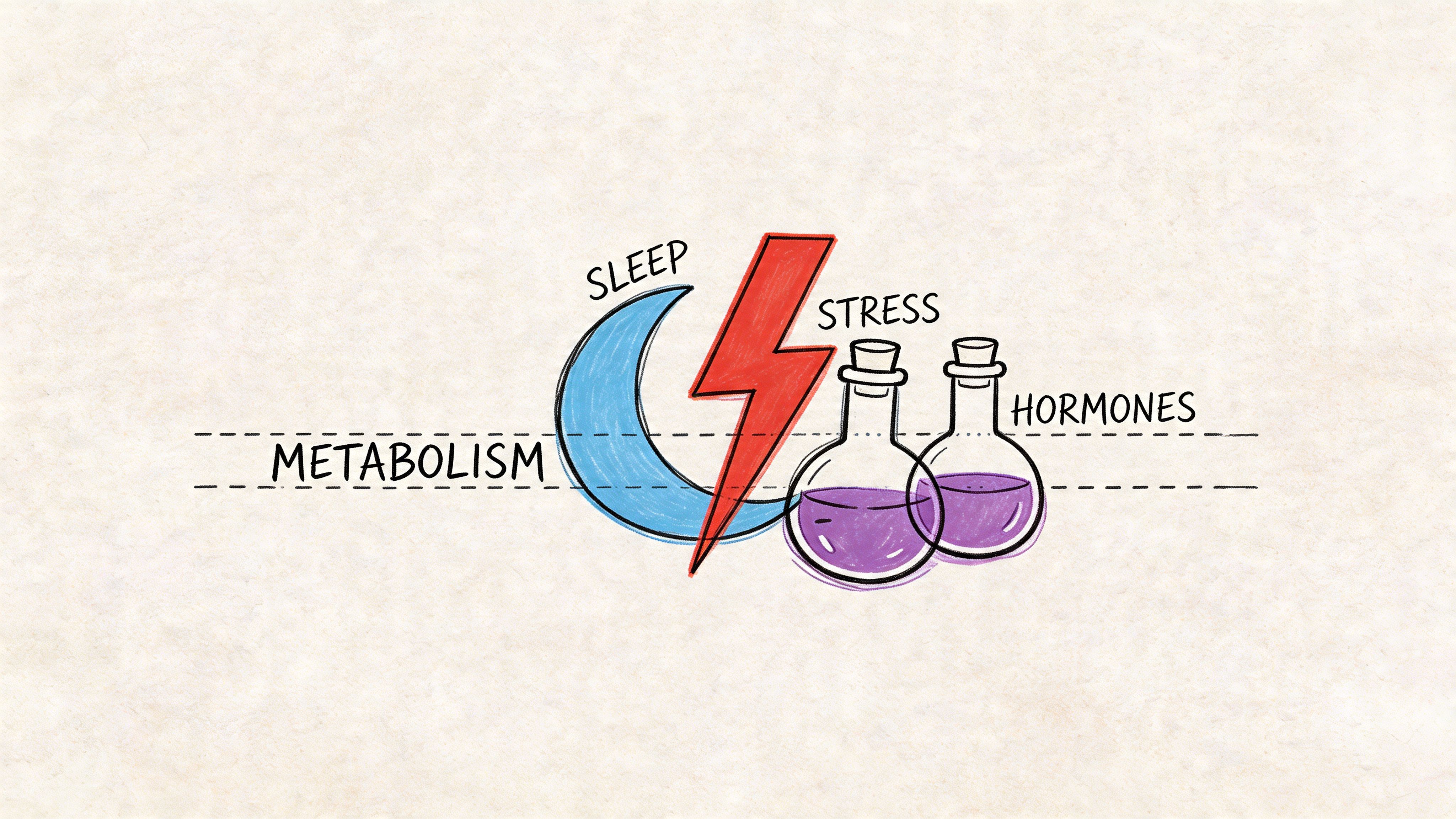 A hand-drawn illustration showing a blue crescent moon, red lightning bolt, and purple potions representing health factors.