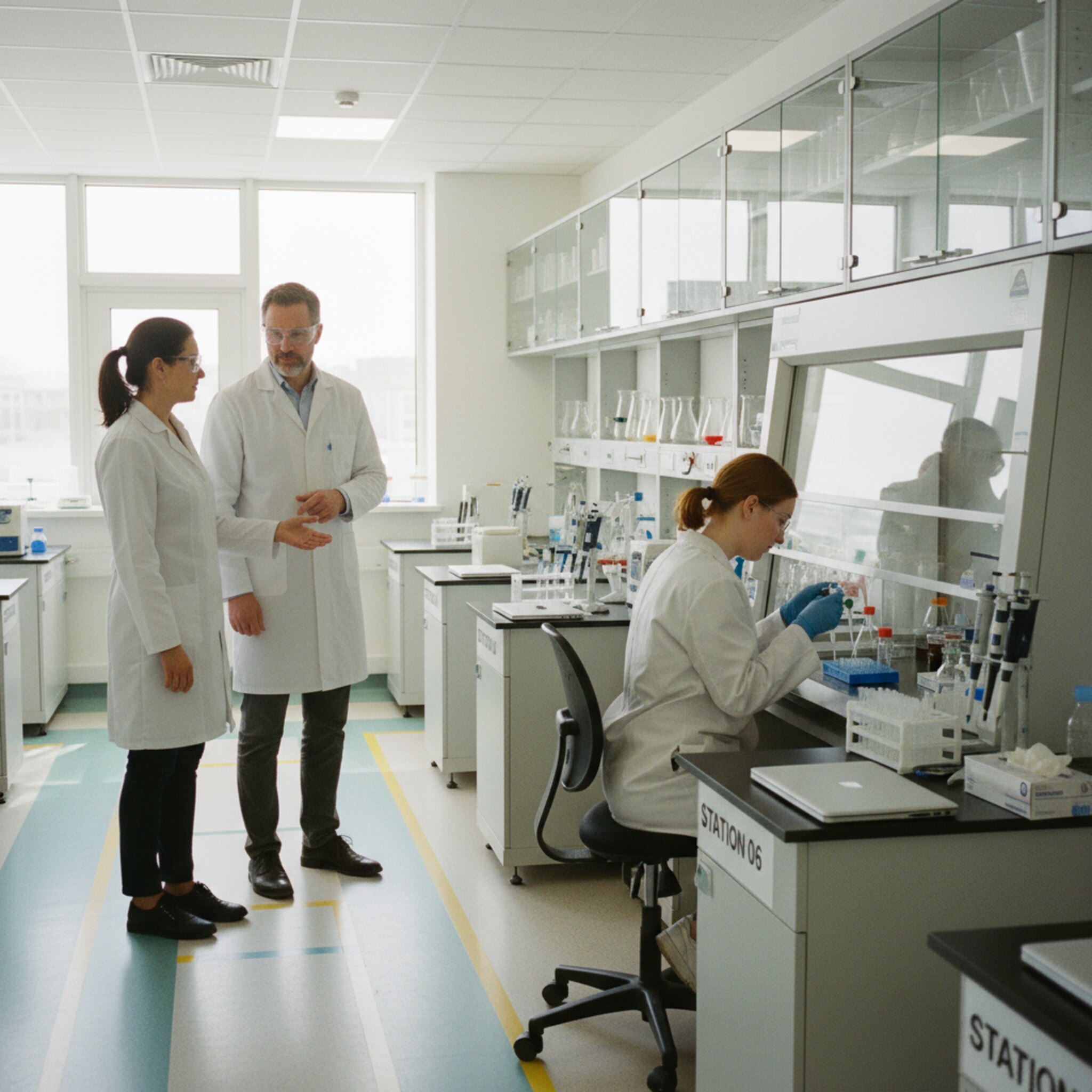 Ein helles Labor mit klar nummerierten Benchplätzen und farbigen Bodenmarkierungen. Zwei Personen deuten auf freie Plätze, während eine dritte konzentriert arbeitet. Beschilderungen sind gut sichtbar, Wege bleiben frei. Die Atmosphäre wirkt ruhig, geordnet und intuitiv.