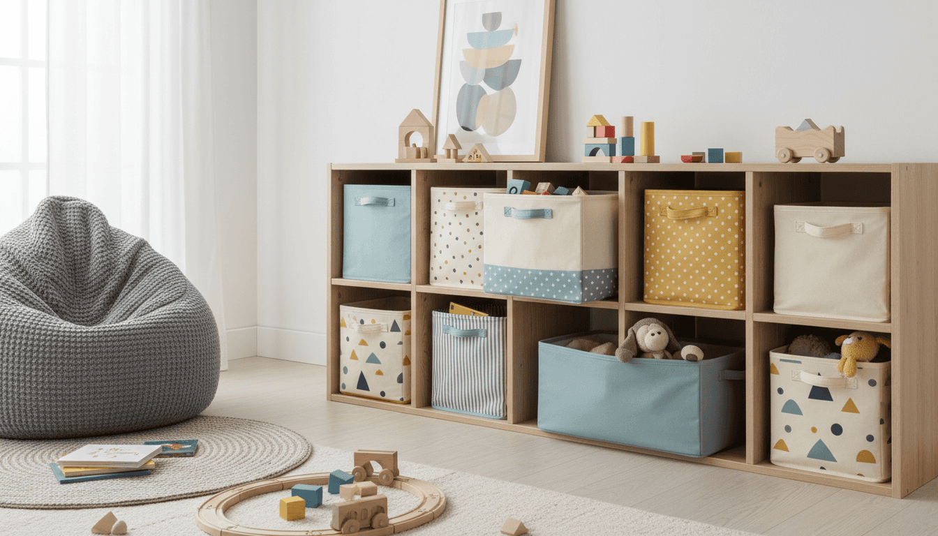 A playroom with a low storage bin with coordinating fabric bins. 