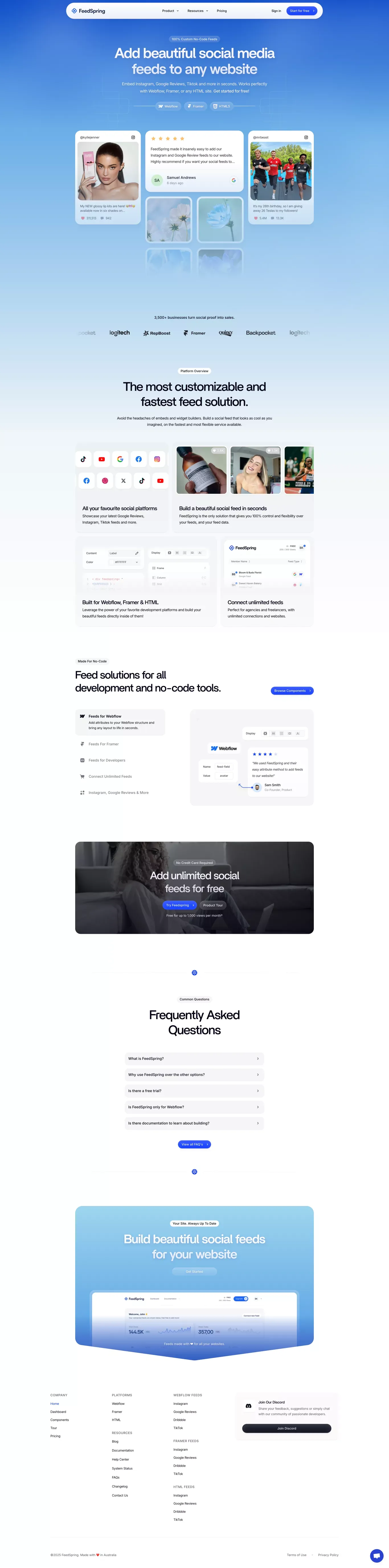 Social Feeds for Webflow, Framer, and HT portfolio page screenshot showcasing Marketing and Tech design