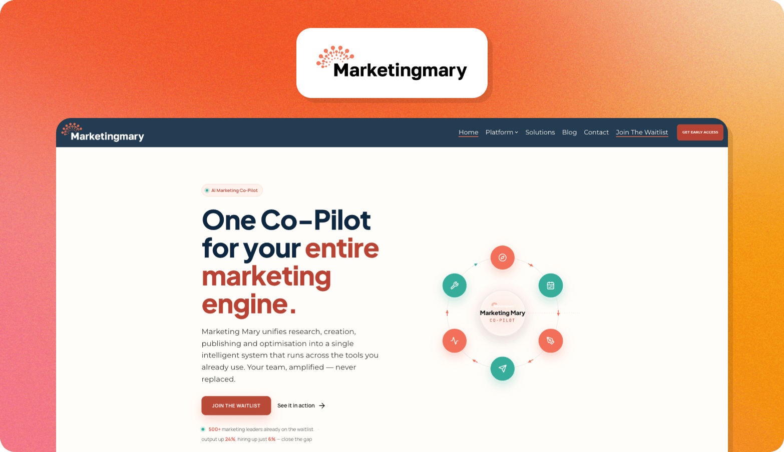 `Marketingmary homepage promoting an AI marketing co-pilot with the headline "One Co-Pilot for your entire marketing engine"