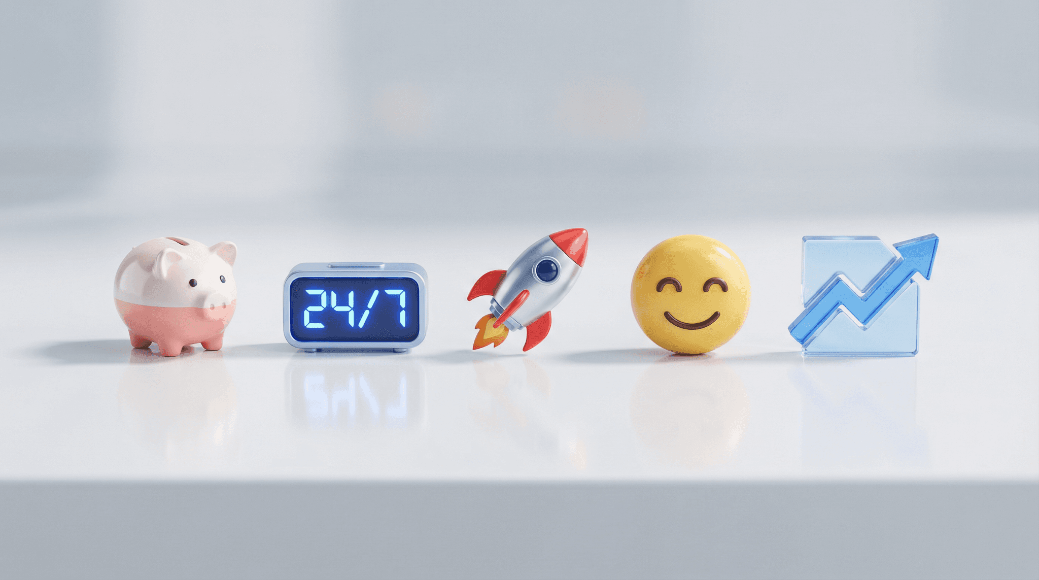 Set van 3D-iconen die de voordelen van AI-klantenservice tonen: kostenbesparing, 24/7 beschikbaarheid, snelheid, klanttevredenheid en groei