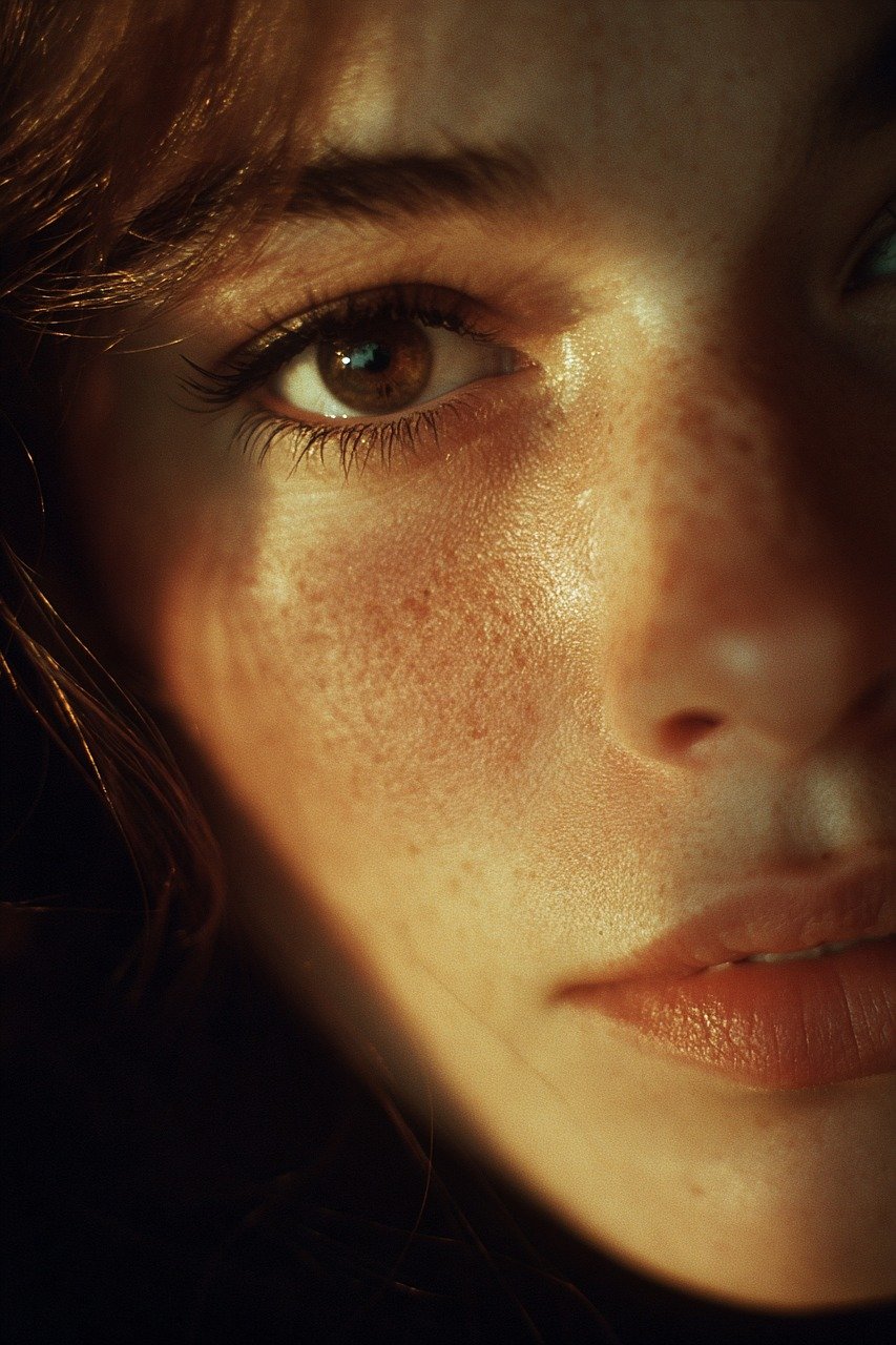 Extreme close-up of a brown eye and freckled skin under warm, golden light.