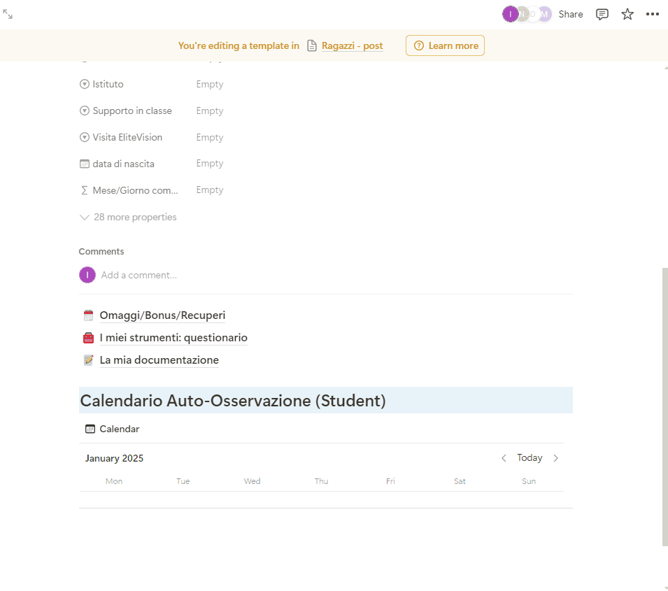 Database template per ogni nuovo studente aggiunto